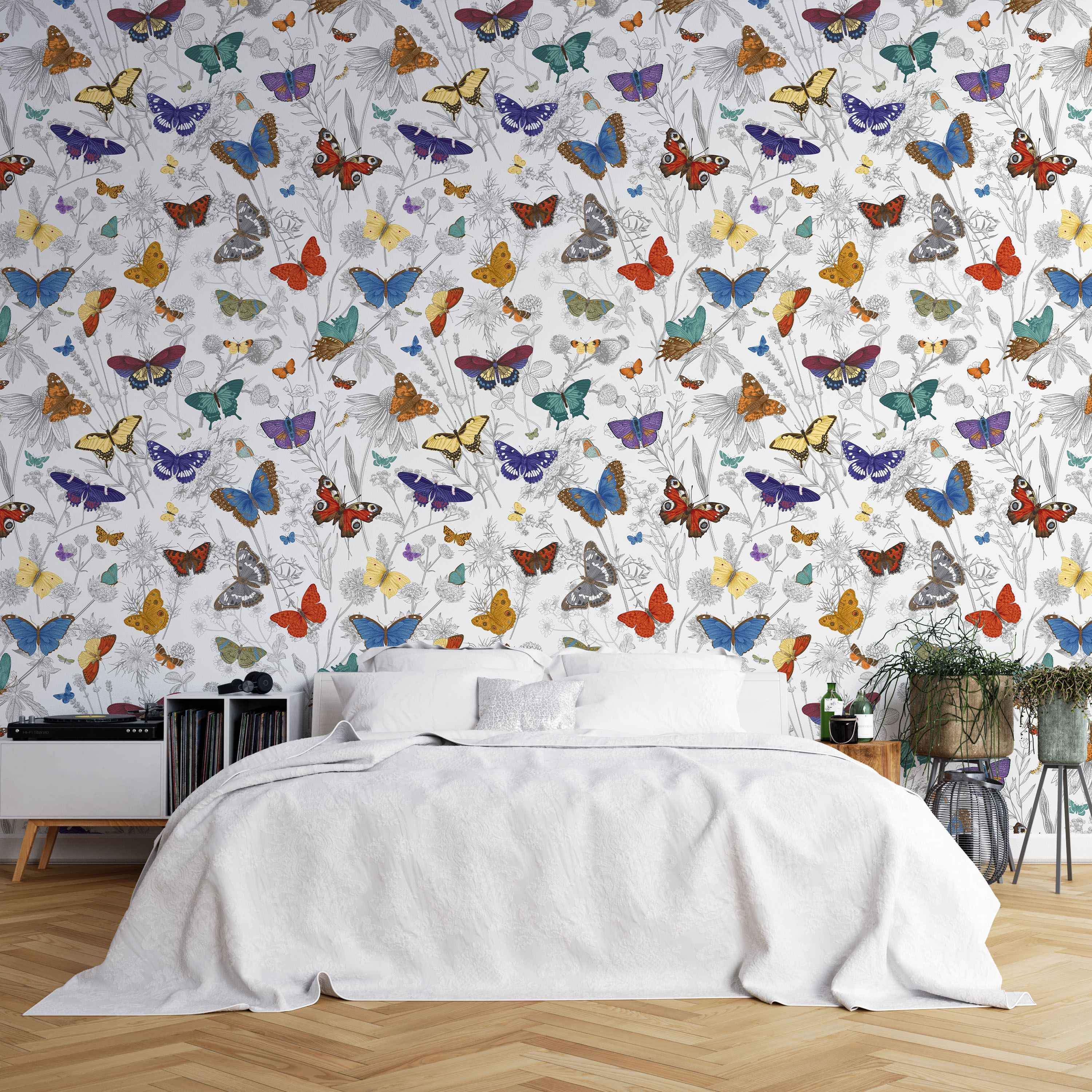 Illustrative wallpaper featuring vibrant, colorful butterflies scattered amongst detailed grey line-drawn wildflowers.