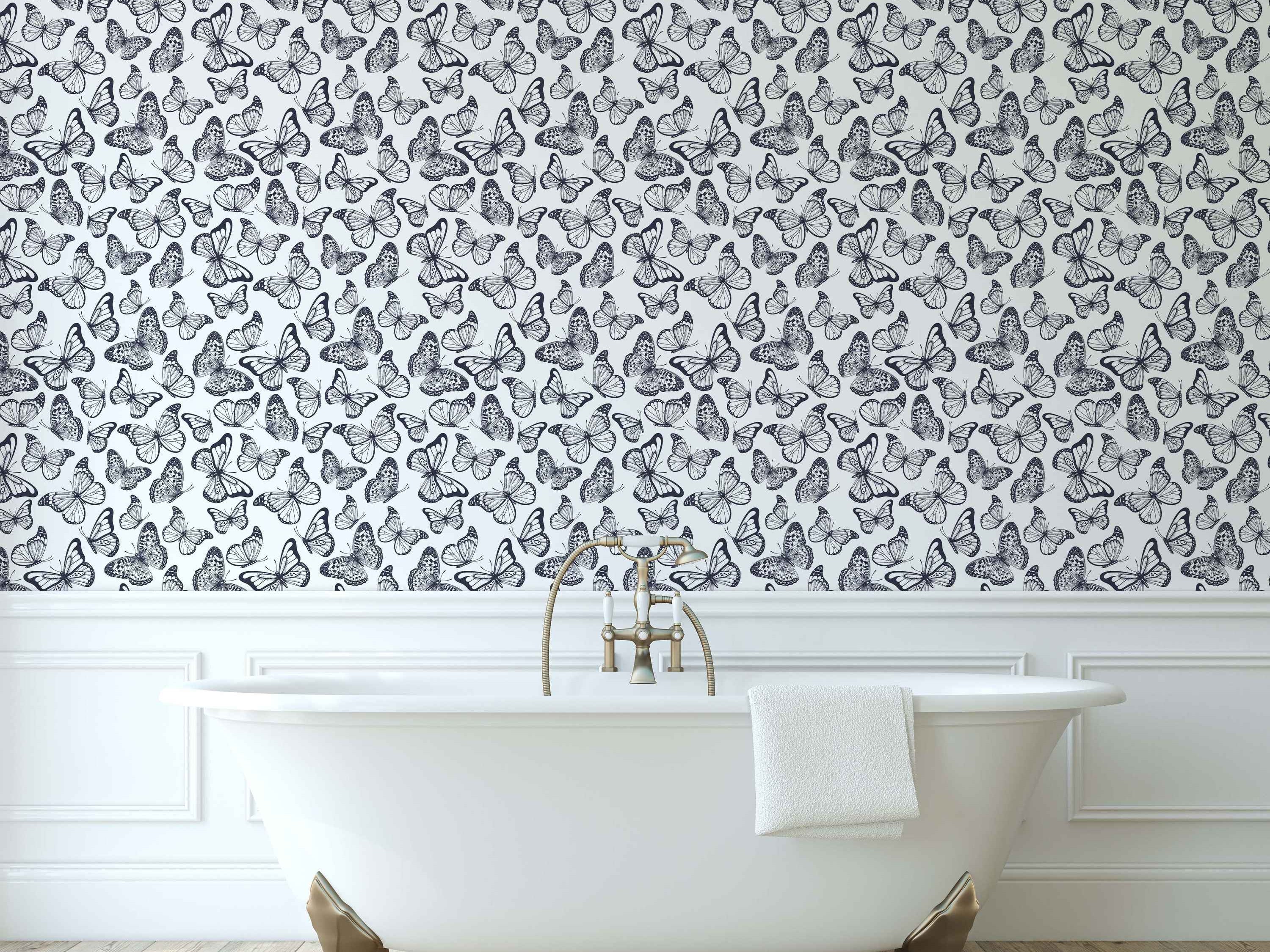 Wallpaper with a crowded pattern of detailed black line-art butterflies on a white background.