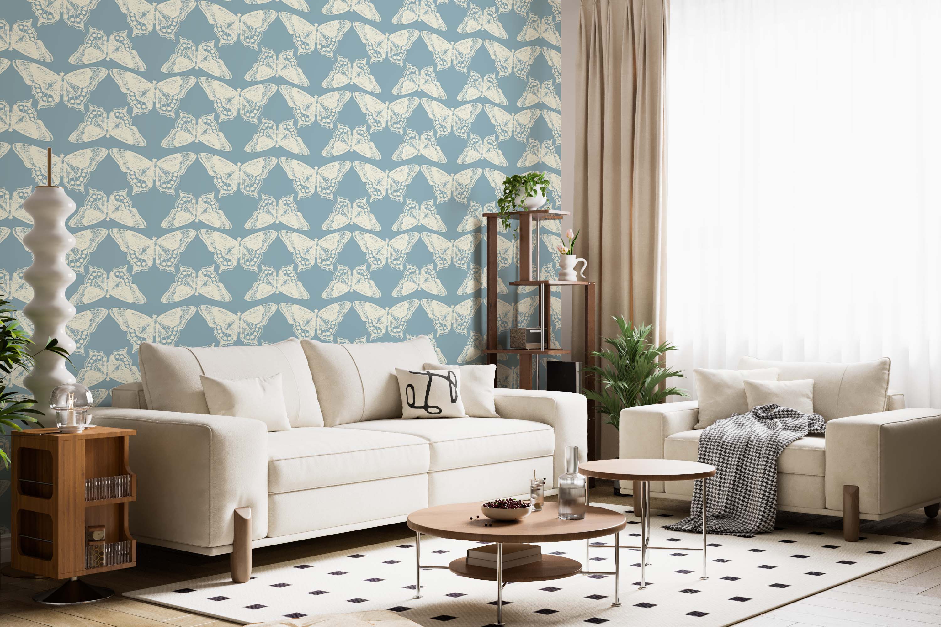A vintage-style wallpaper featuring a repeating pattern of cream-colored butterflies on a muted dusty blue background.