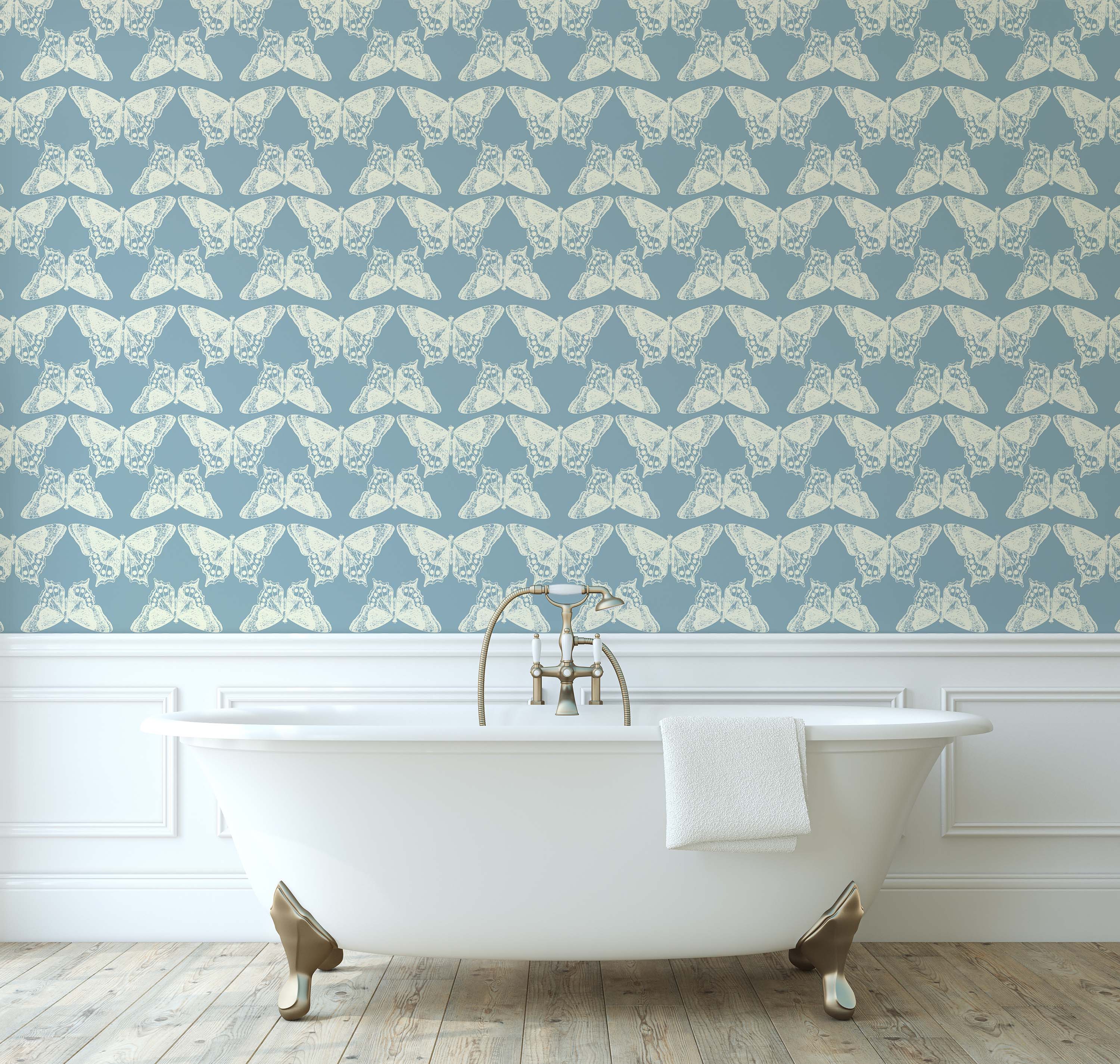 Wallpaper with a repeating pattern of off-white butterflies on a dusty blue background.