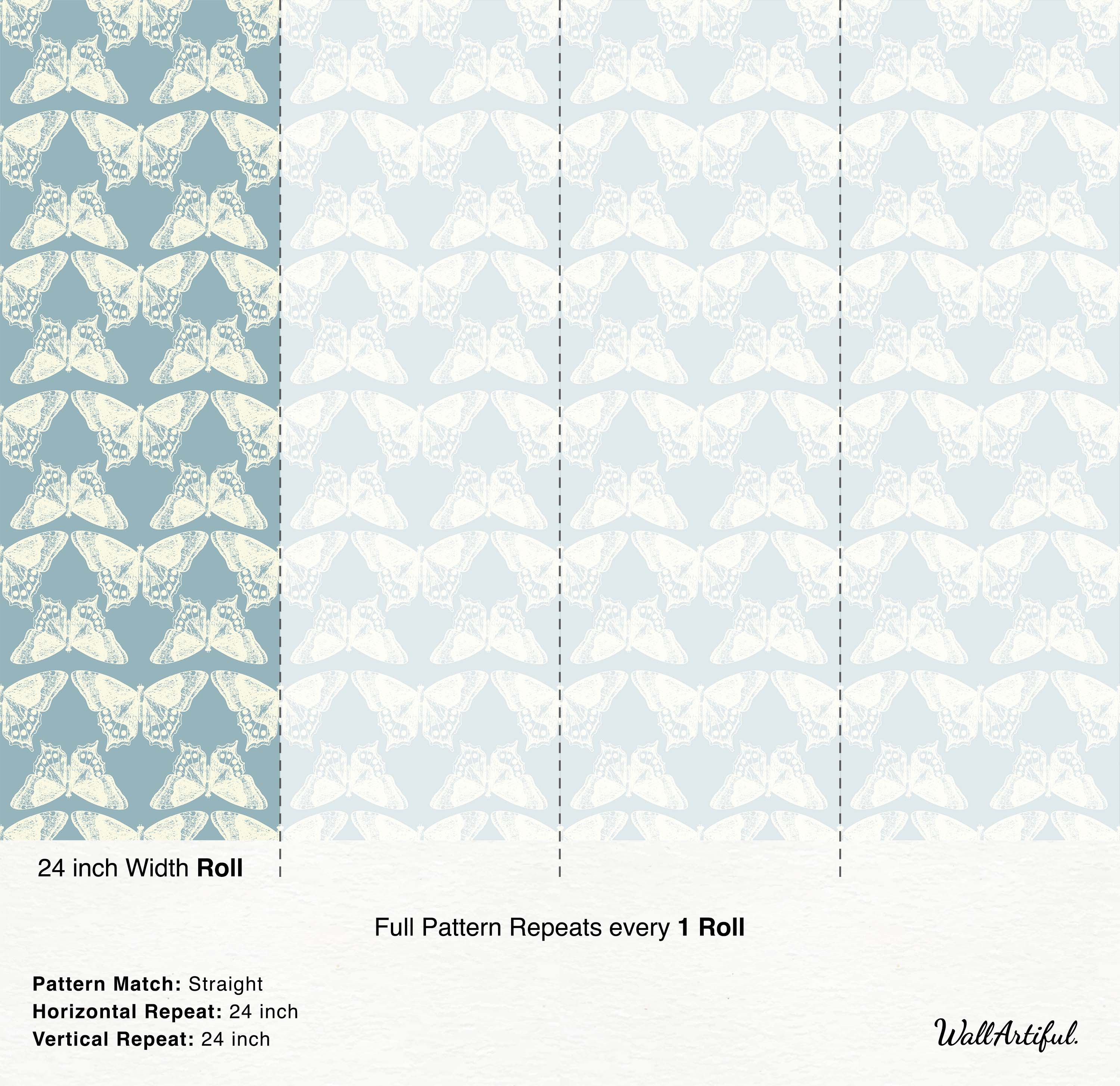 Vintage wallpaper with a repeating pattern of sketched cream butterflies on a muted blue background.