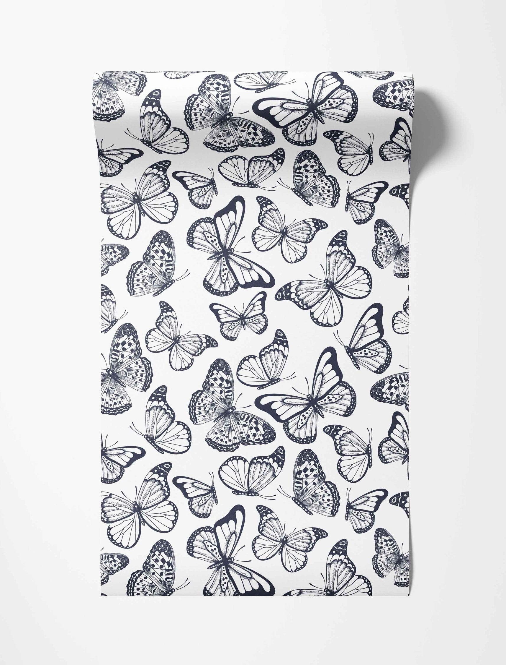 Black sketch-style butterflies scattered on a white background, creating a repeating wallpaper pattern.