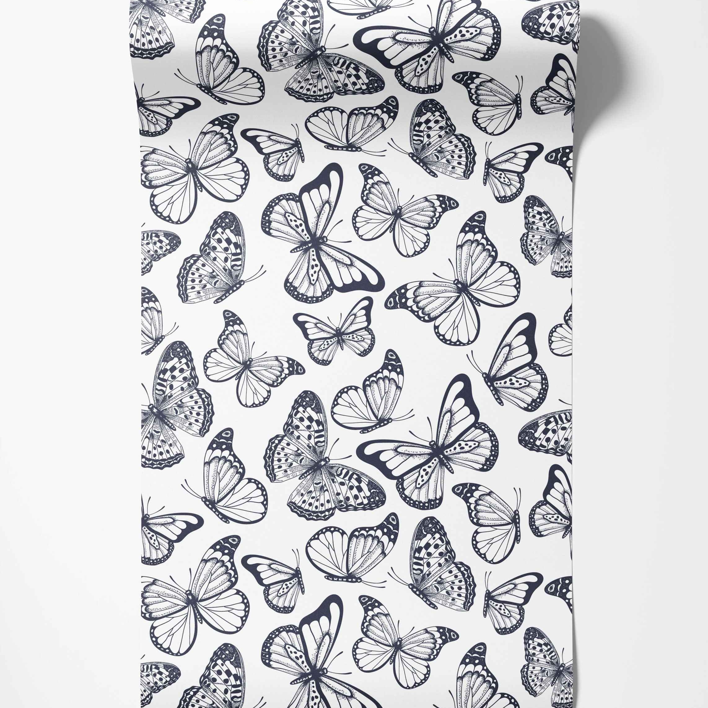 Black sketch-style butterflies scattered on a white background, creating a repeating wallpaper pattern.