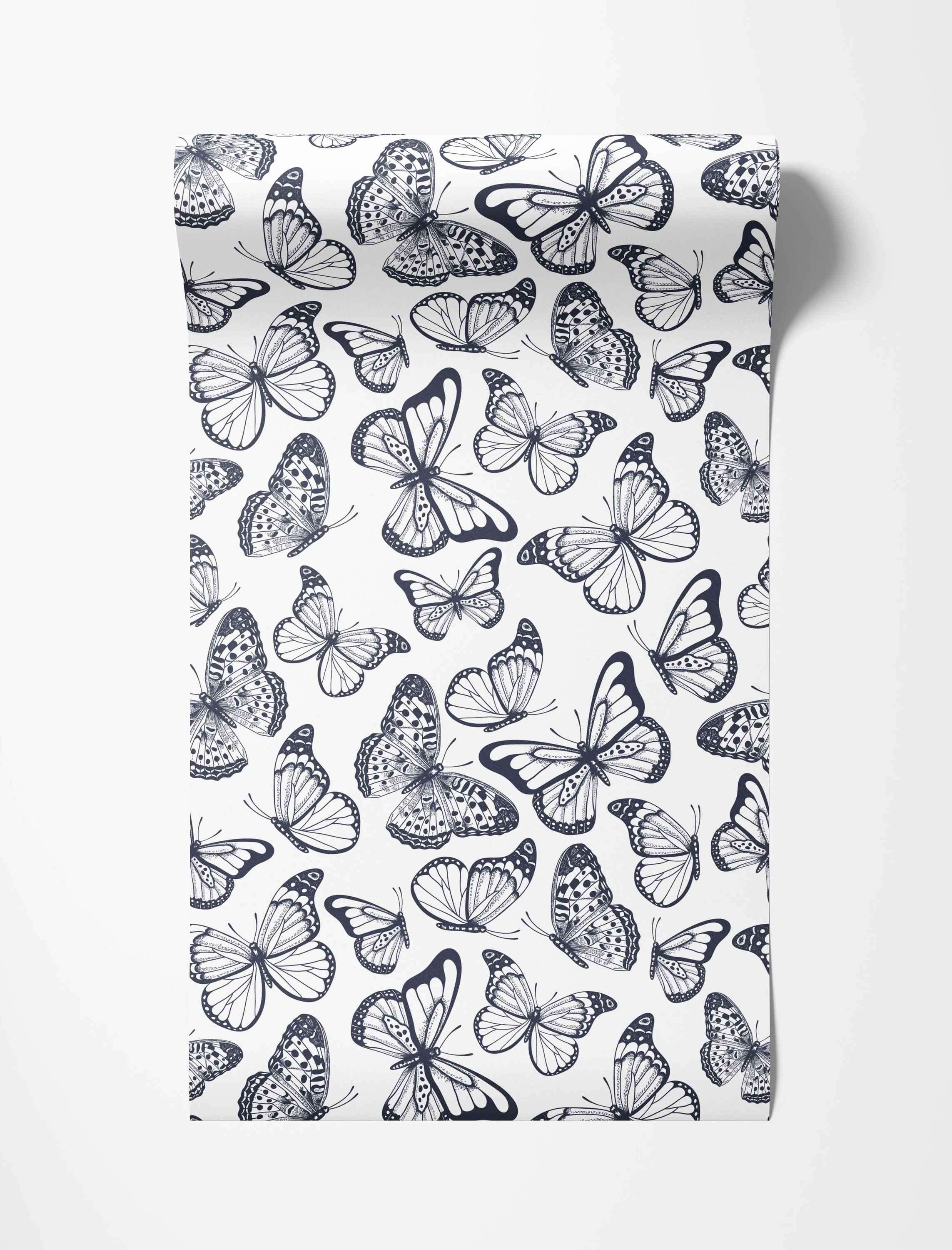 Black sketch-style butterflies scattered on a white background, creating a repeating wallpaper pattern.