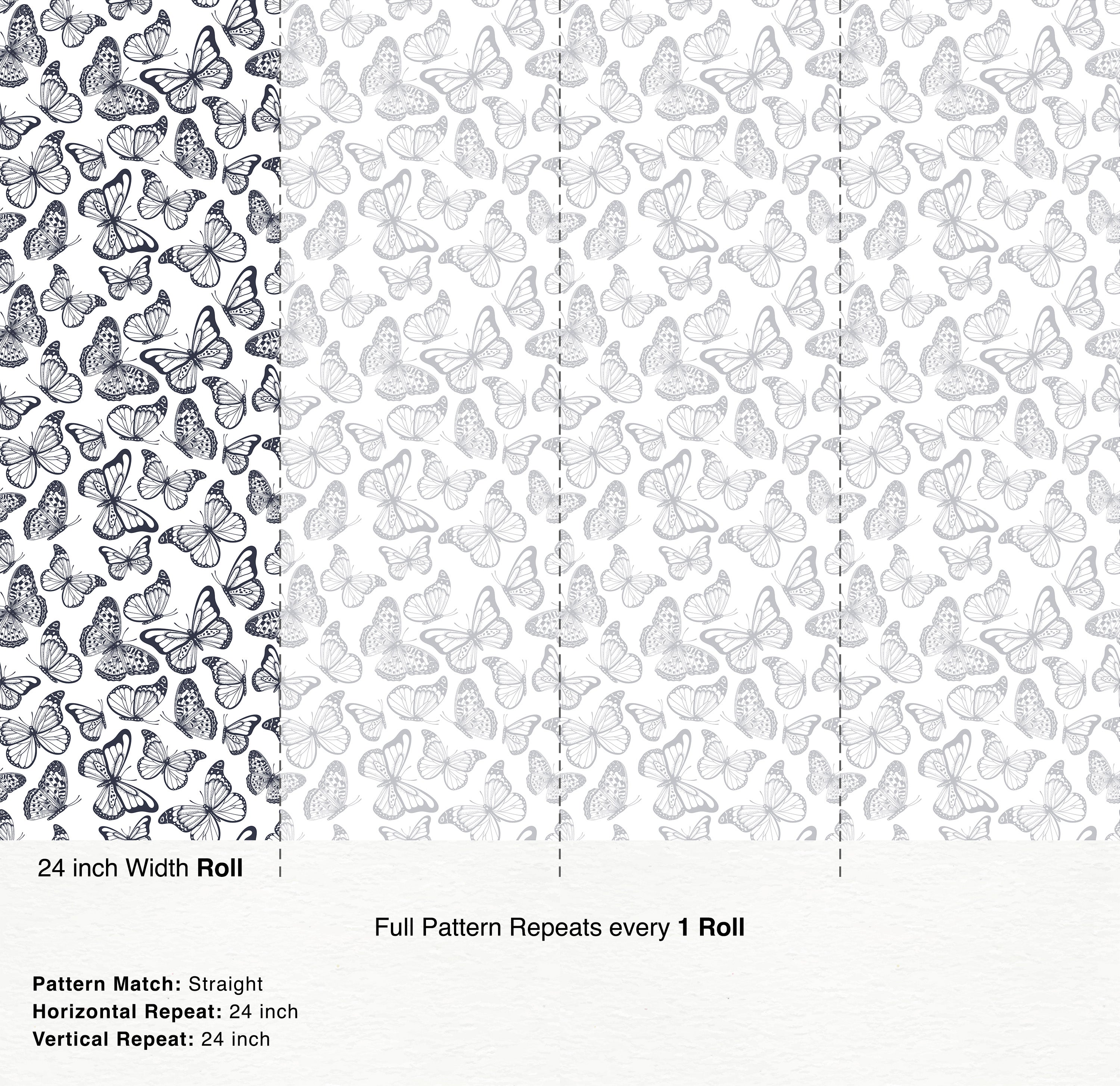 Wallpaper featuring a repeating pattern of scattered, sketched butterflies in black and white on a white background.