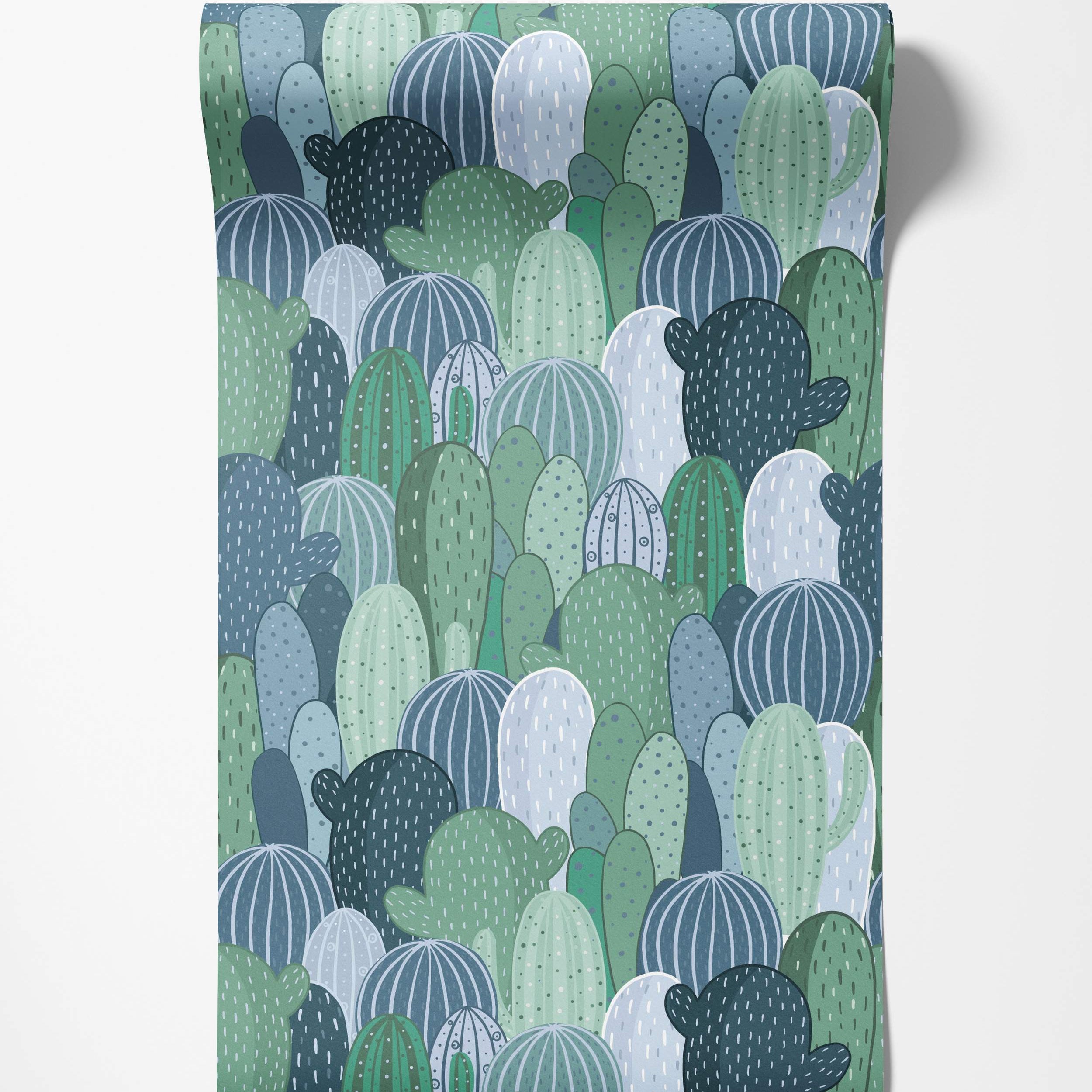 Wallpaper featuring a dense pattern of stylized cacti in various shapes and sizes, using a cool palette of greens and blues.