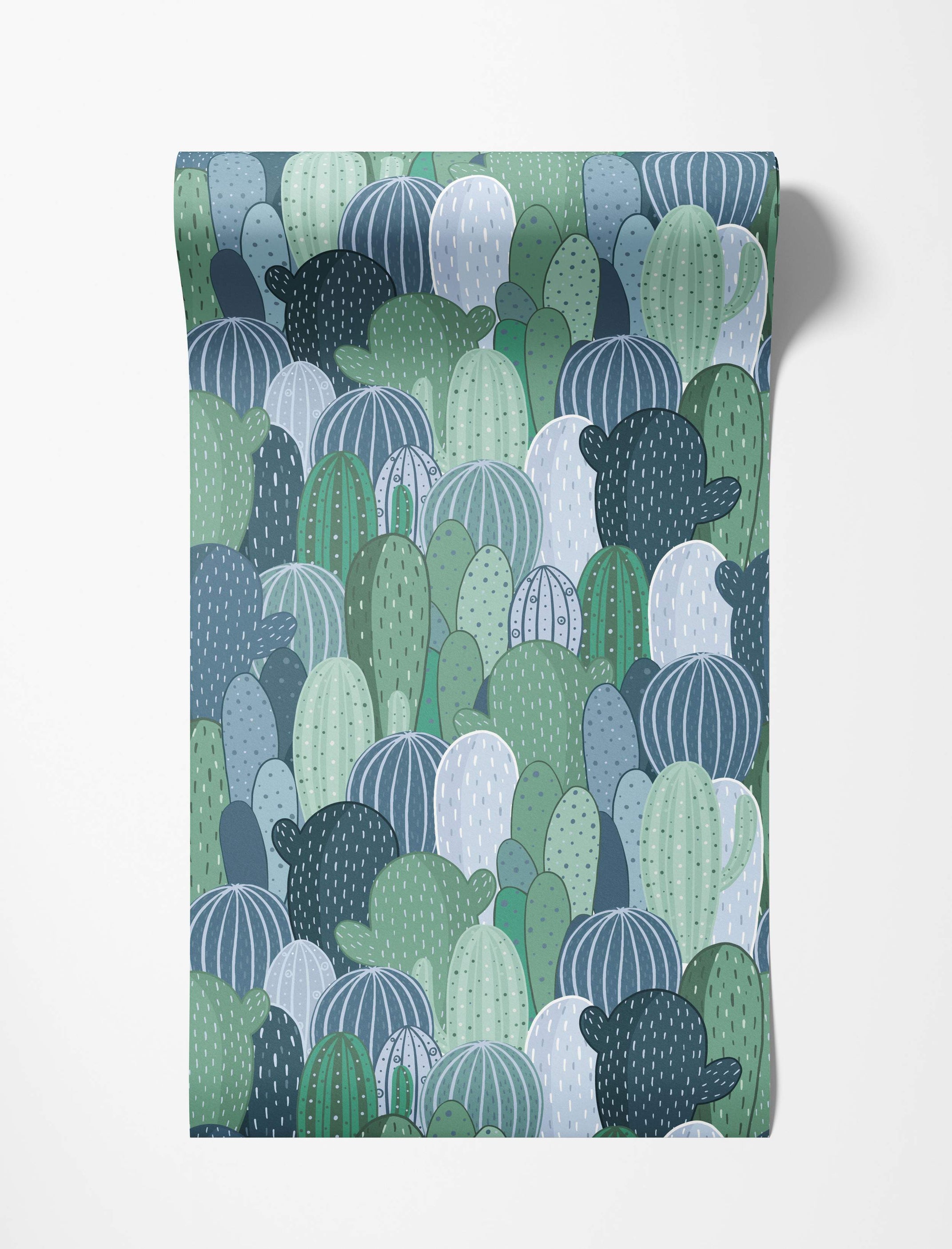 Wallpaper featuring a dense pattern of stylized cacti in various shapes and sizes, using a cool palette of greens and blues.