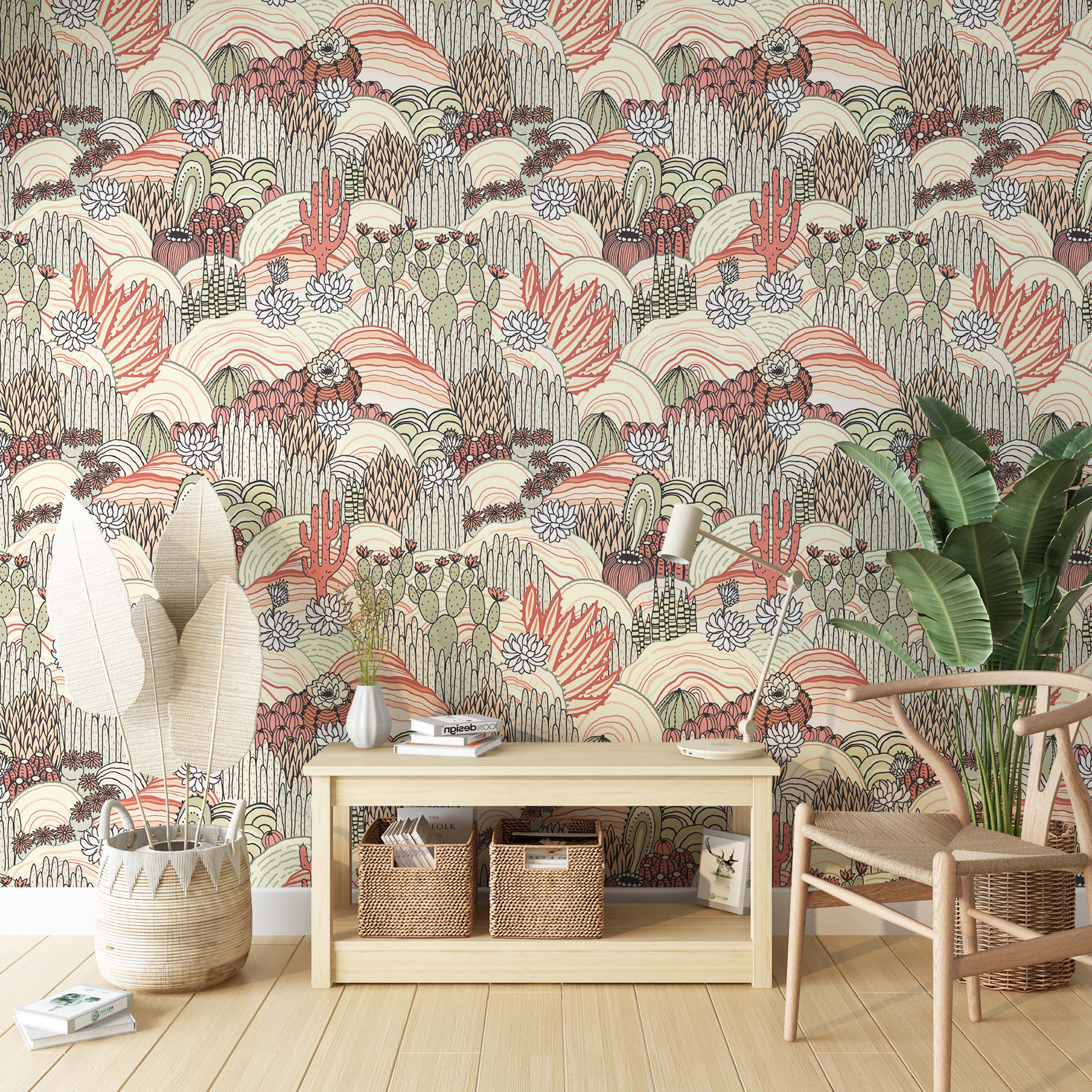 Illustrative desert wallpaper with hand-drawn cacti, succulents, and flowers in coral, green, and beige.