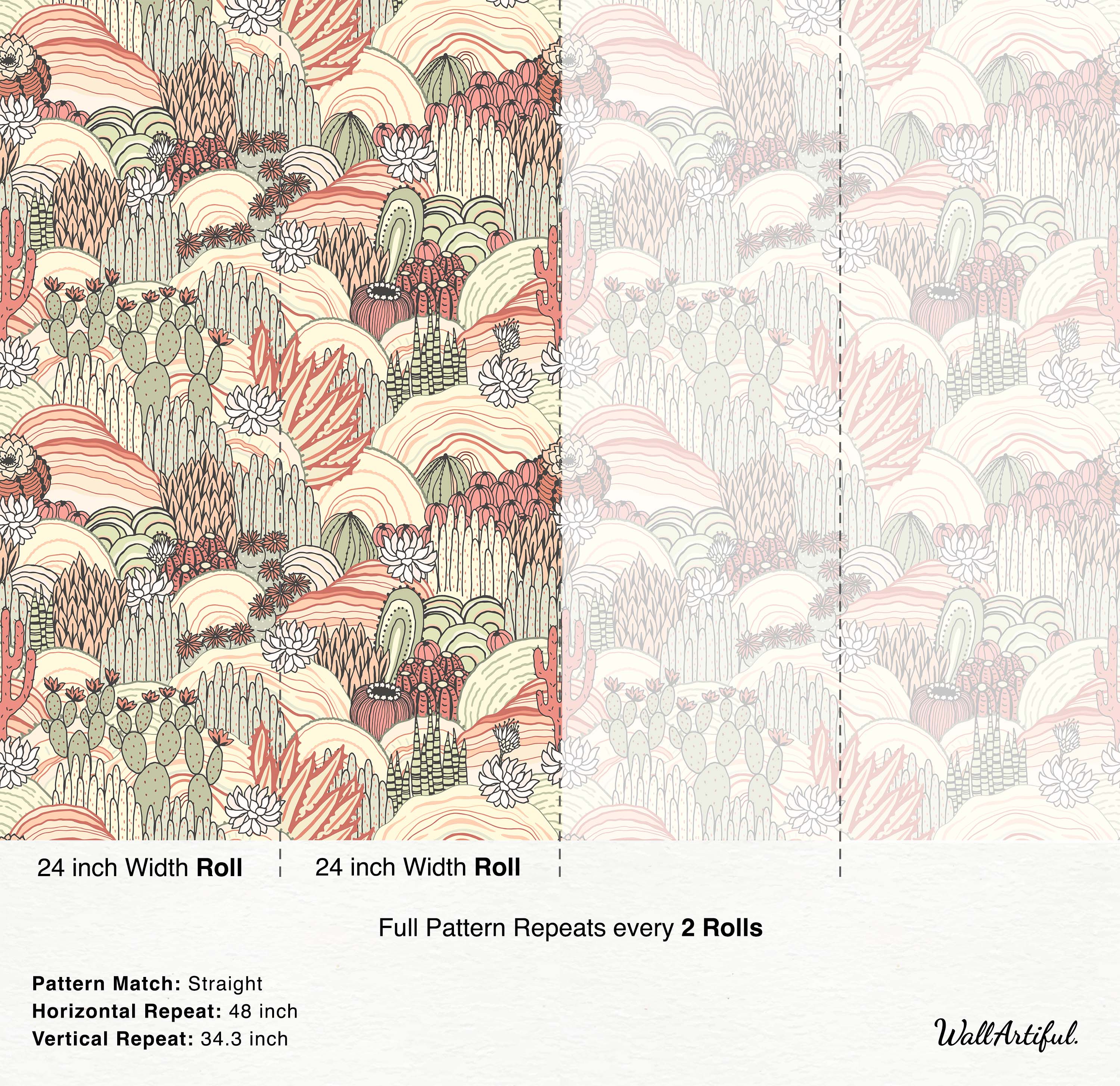 A stylized desert landscape wallpaper with various cacti and succulents in coral, sage green, and cream, with black outlines.