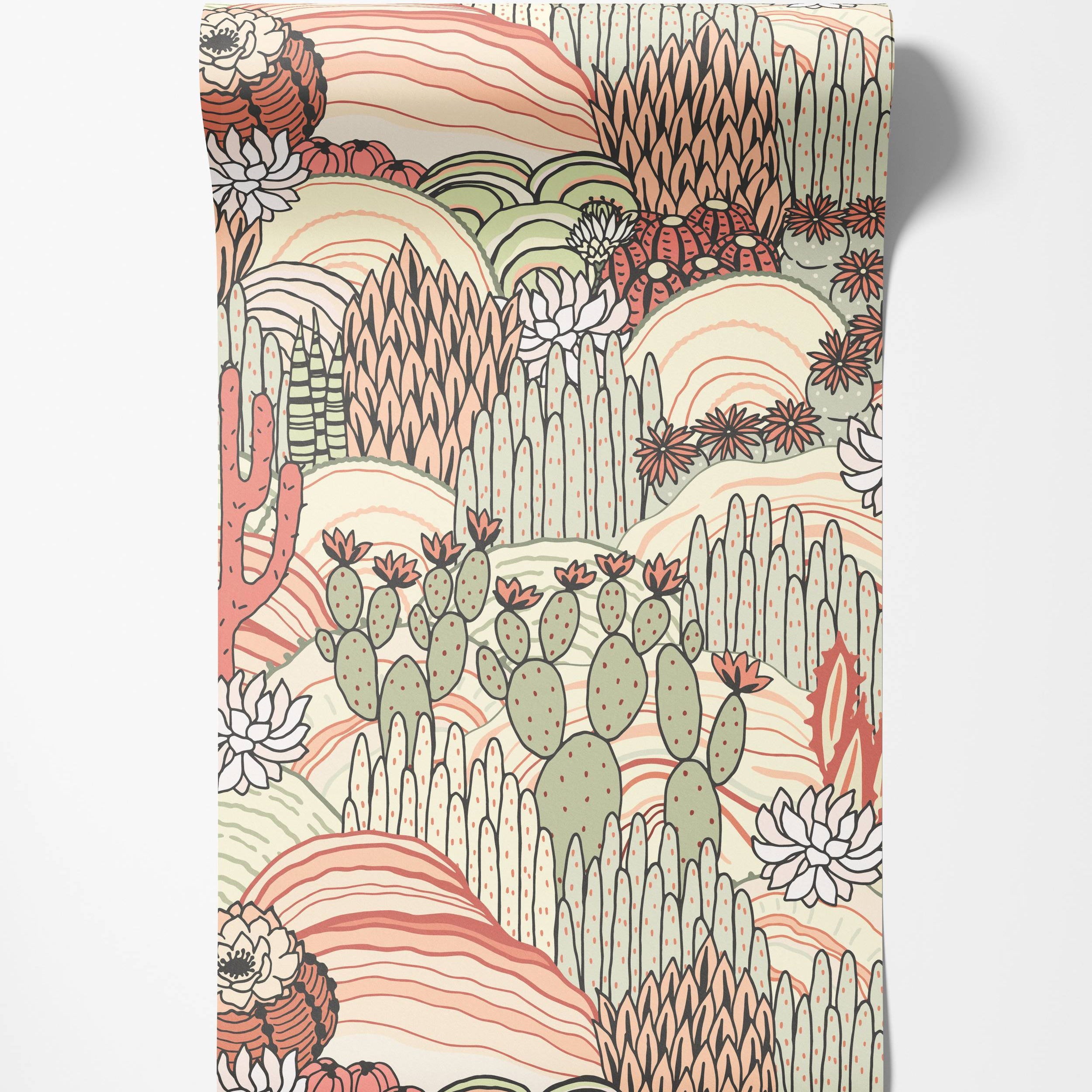 Illustrated desert landscape wallpaper with various cacti and succulents in a muted palette of pink, green, and cream.