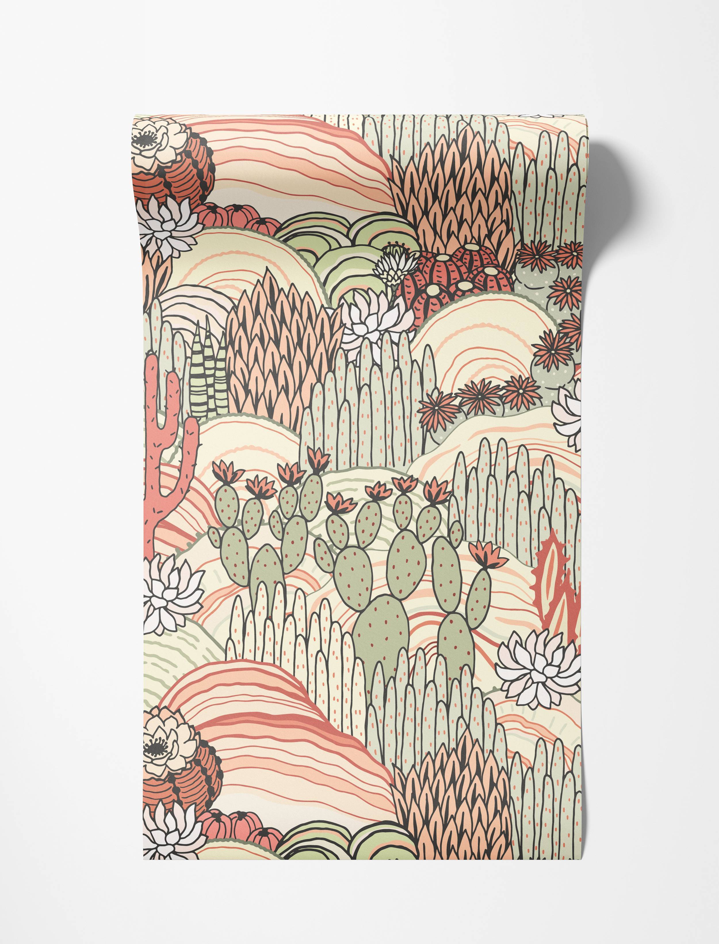 Illustrated desert landscape wallpaper with various cacti and succulents in a muted palette of pink, green, and cream.