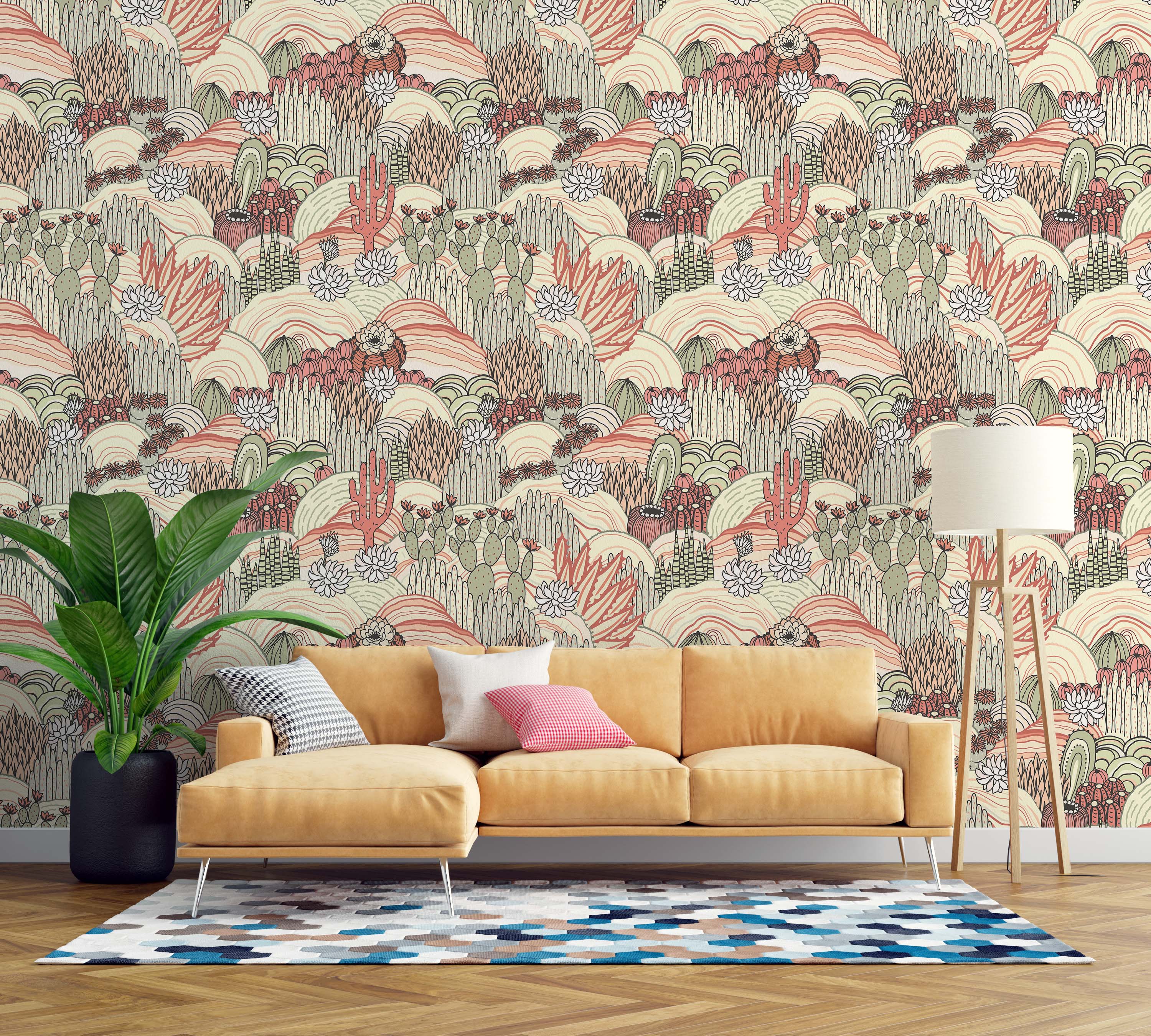 Stylized desert landscape wallpaper with hand-drawn cacti and succulents in shades of pink, green, and terracotta.