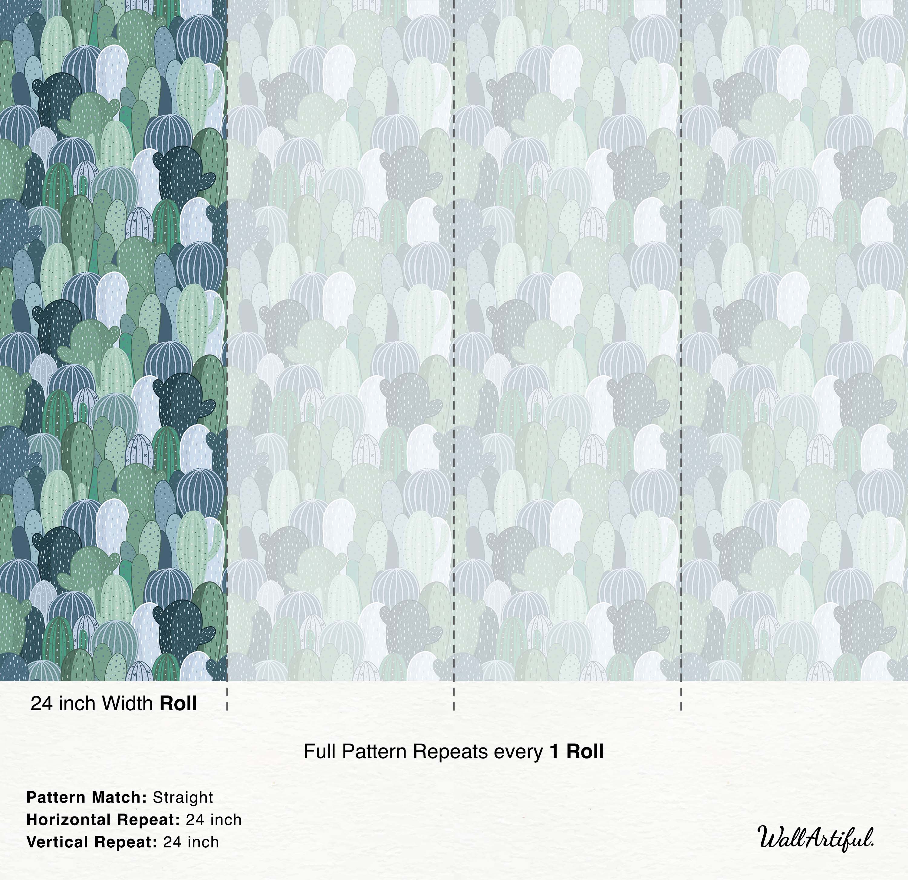 Wallpaper featuring a dense pattern of illustrated cacti in various green, blue, and light gray shades.