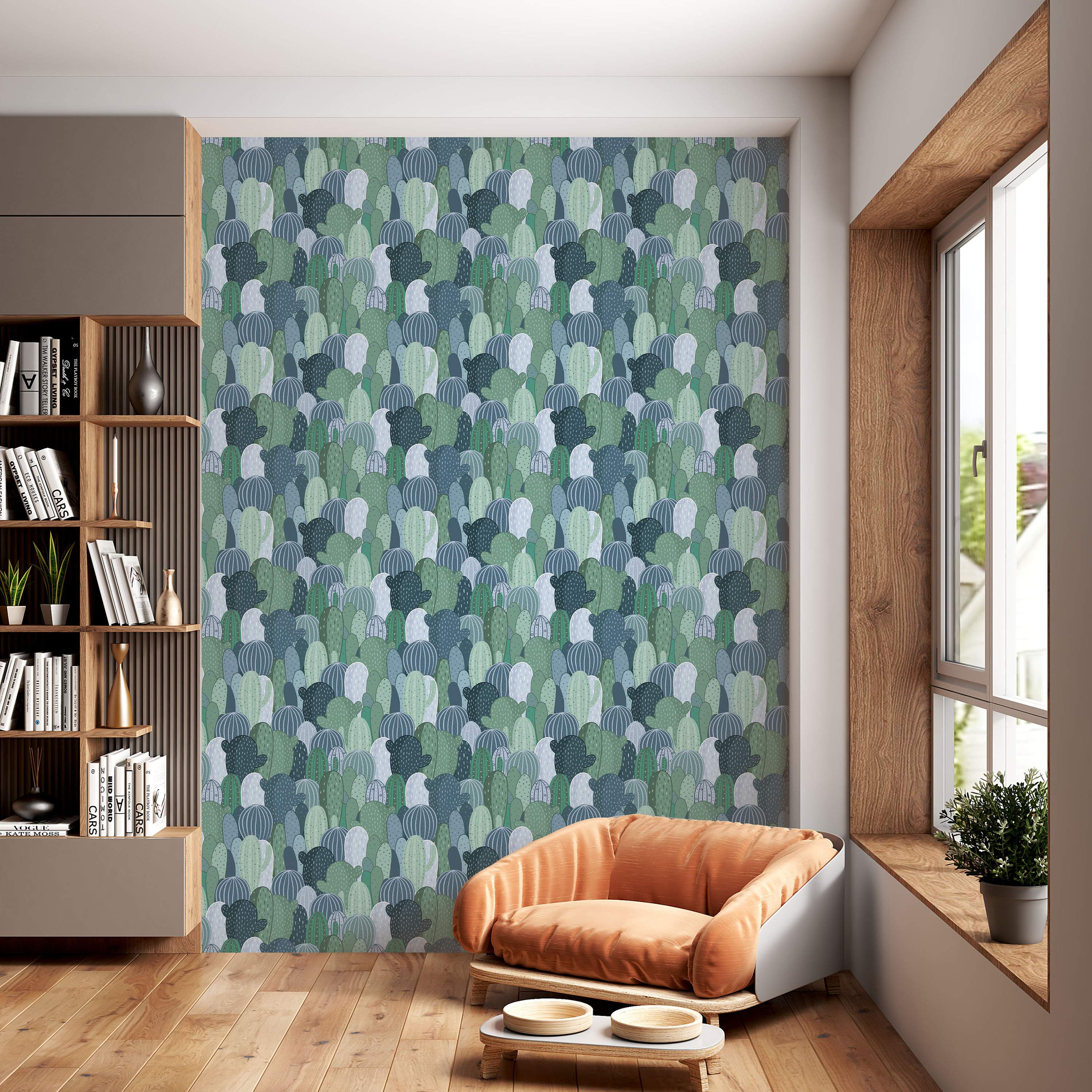 Illustrated wallpaper with a dense repeating pattern of stylized cacti in various shades of green and blue.
