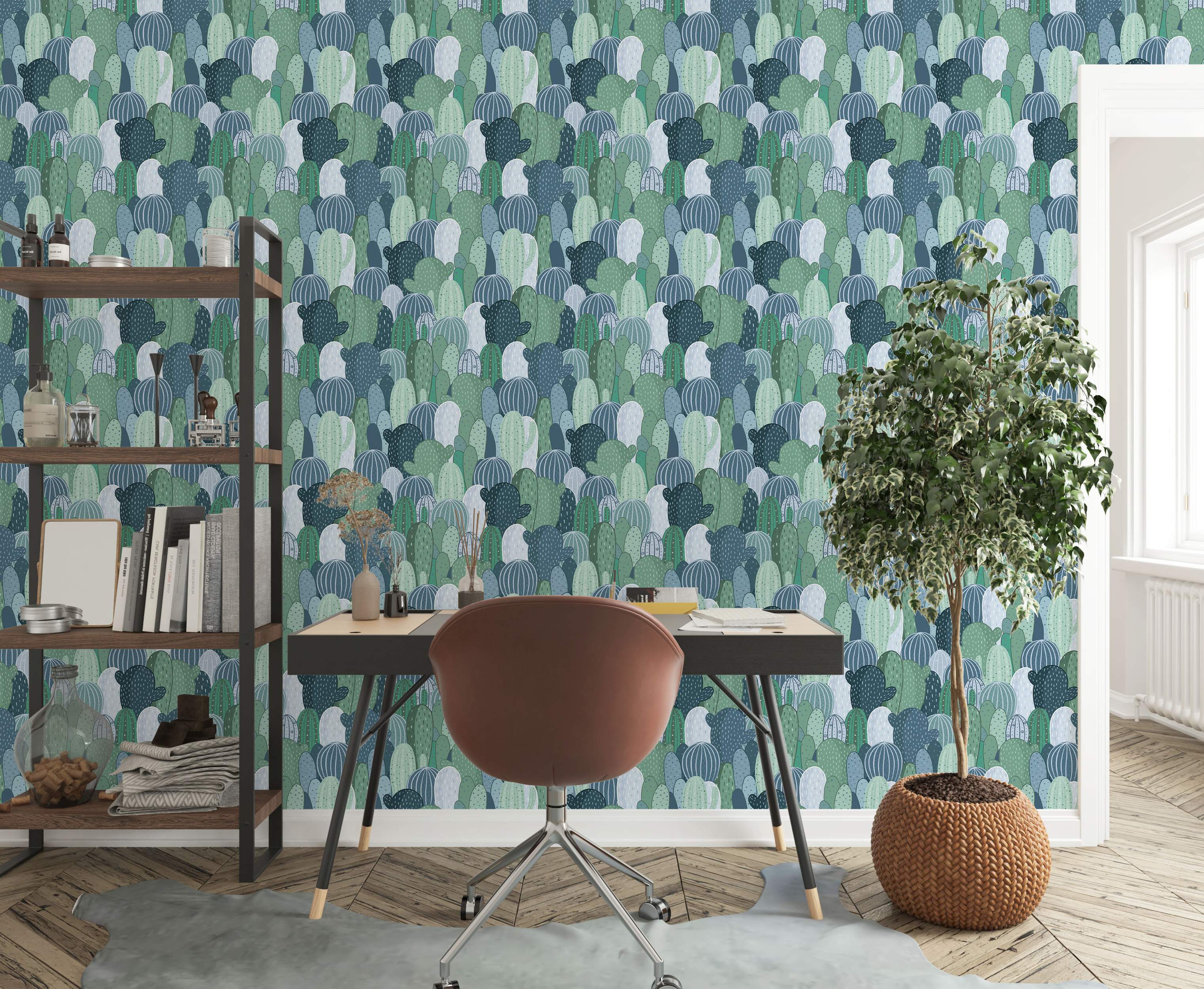 Wallpaper featuring a dense pattern of illustrative cacti in various shades of green and blue with simple line details.