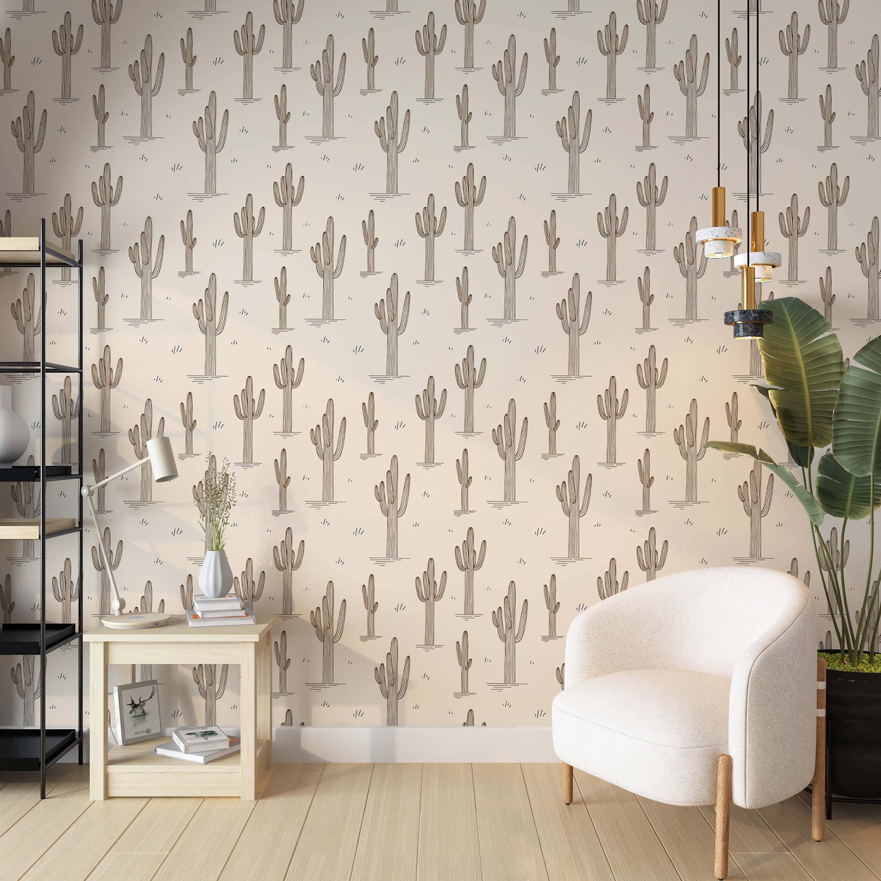 Wallpaper featuring a repeating pattern of stylized brown line-art cacti on a light beige background with small ground details.