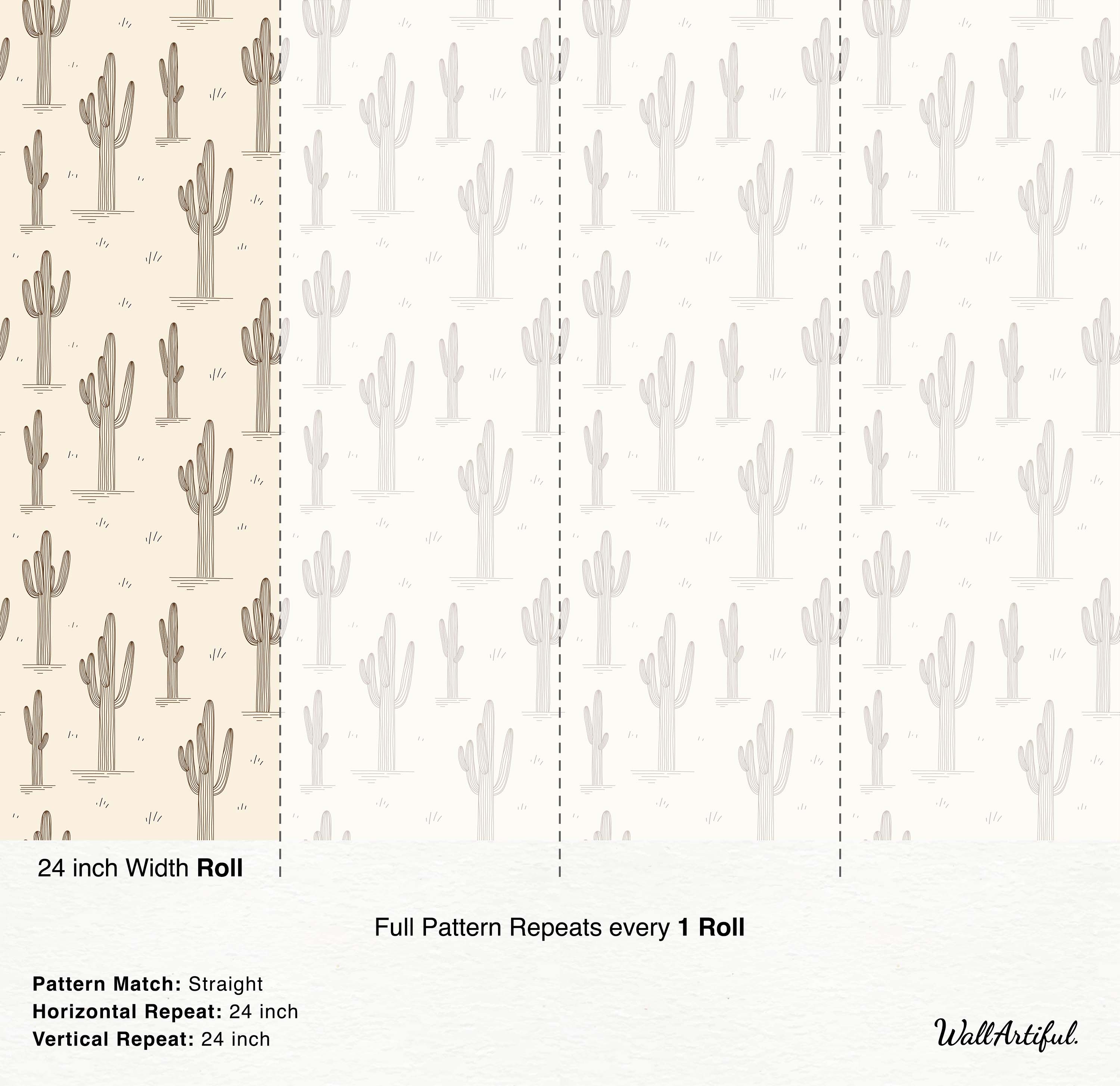 Wallpaper with a repeating pattern of brown line-drawn saguaro cacti and desert grass on a light tan background.