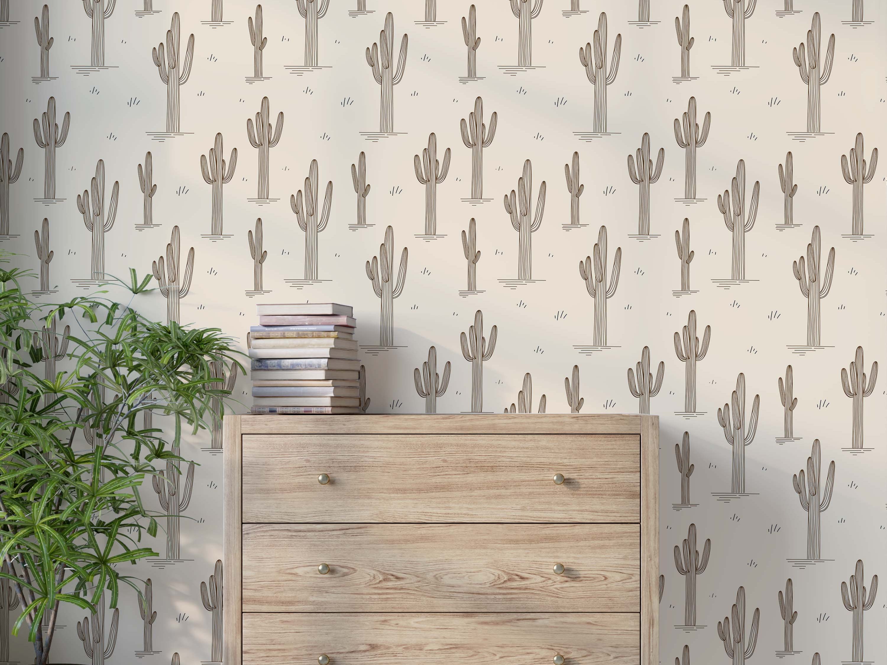 Beige wallpaper with a repeating pattern of brown line-drawn saguaro cacti and small ground details.