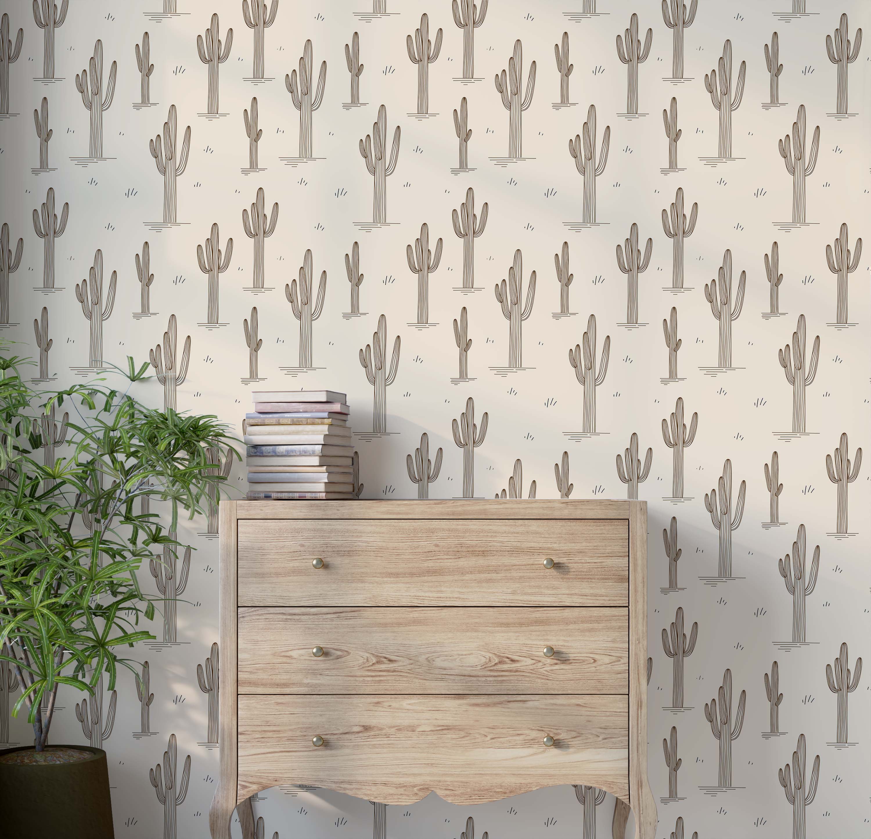 Beige wallpaper with a repeating pattern of brown line-drawn saguaro cacti and small ground details.
