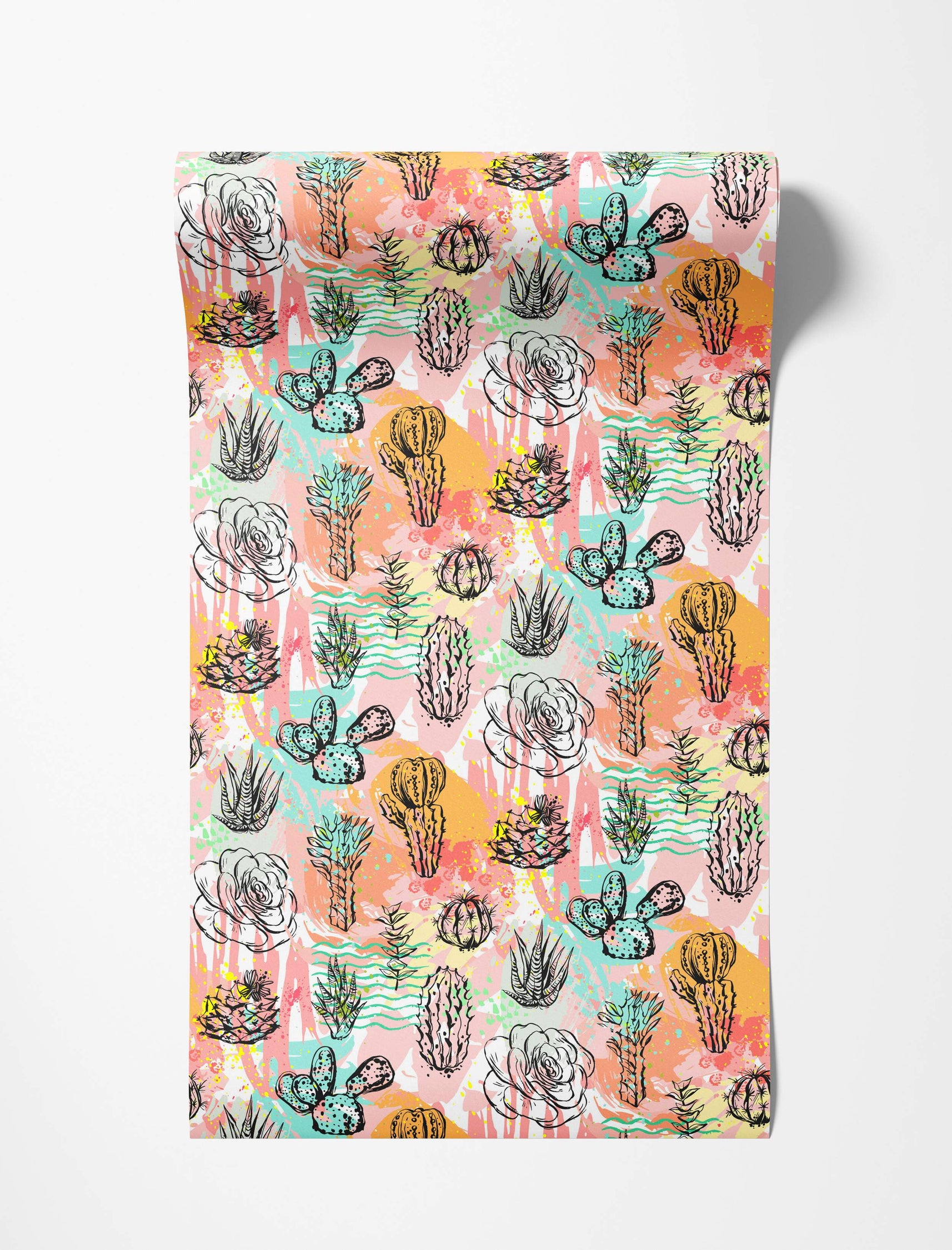Wallpaper features a repeating pattern of black sketched cacti, succulents, and roses over abstract pink, orange, and teal splashes.