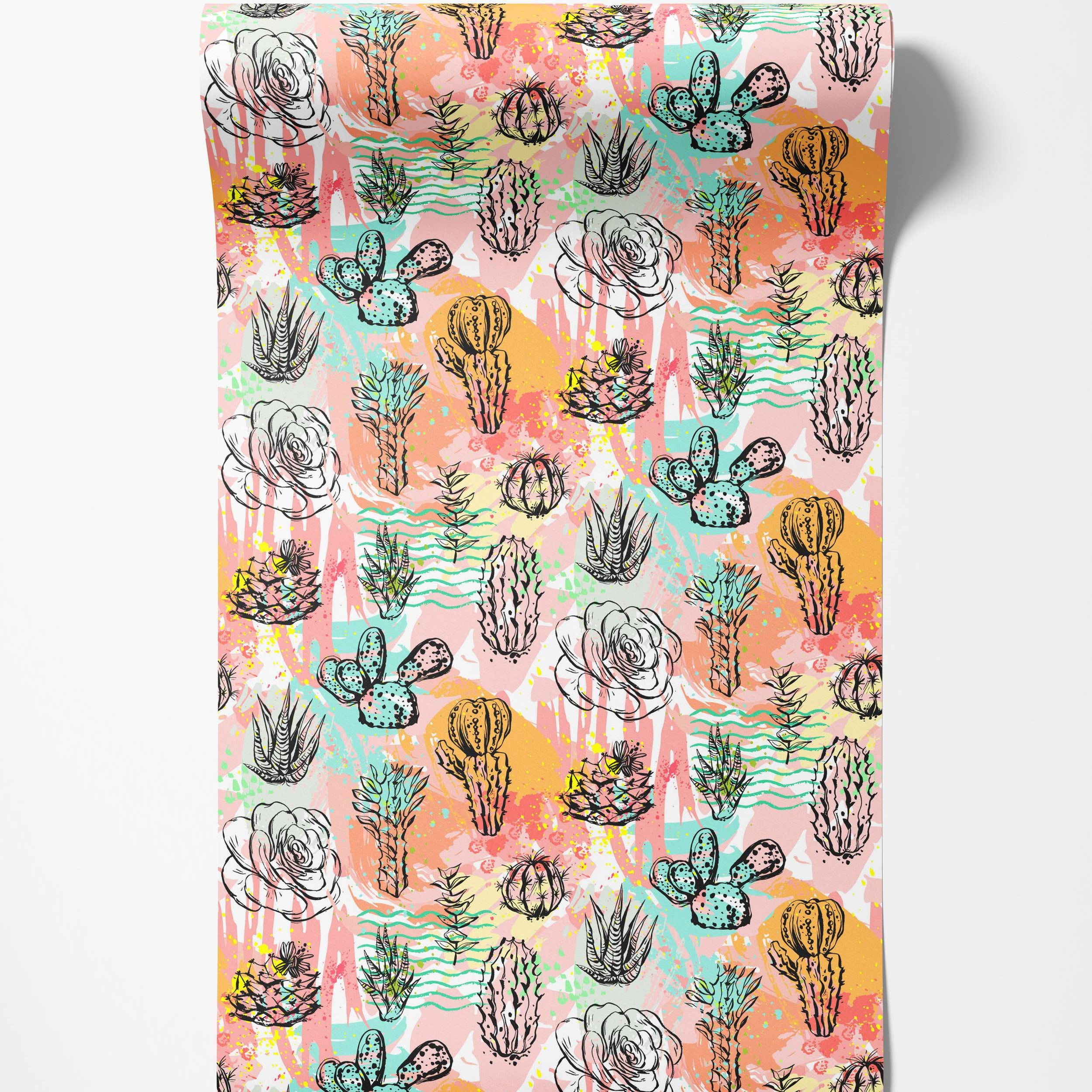 Wallpaper features a repeating pattern of black sketched cacti, succulents, and roses over abstract pink, orange, and teal splashes.