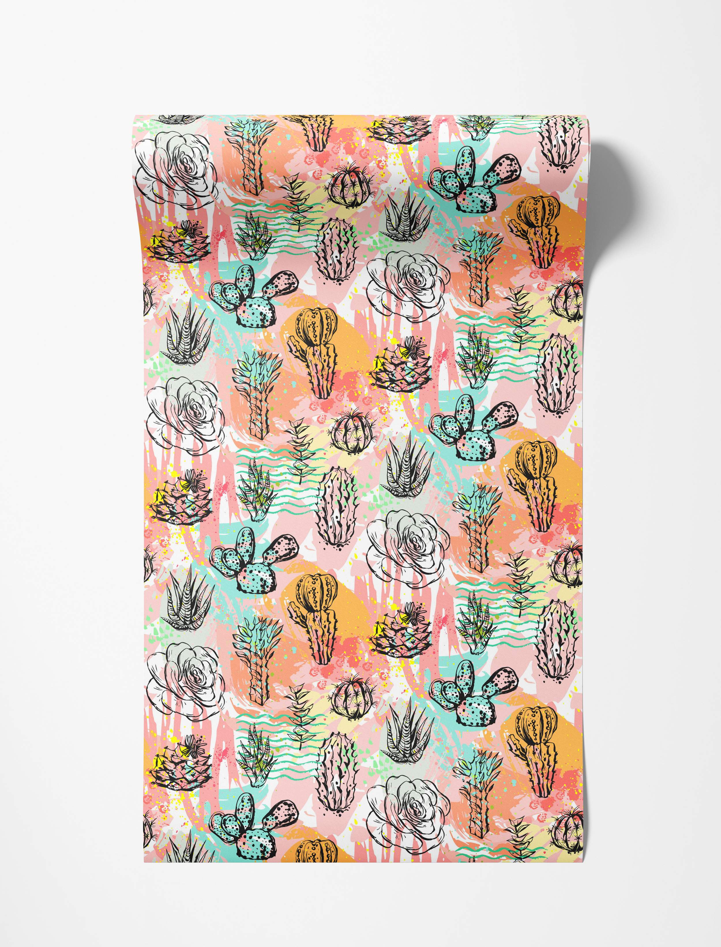 Wallpaper features a repeating pattern of black sketched cacti, succulents, and roses over abstract pink, orange, and teal splashes.