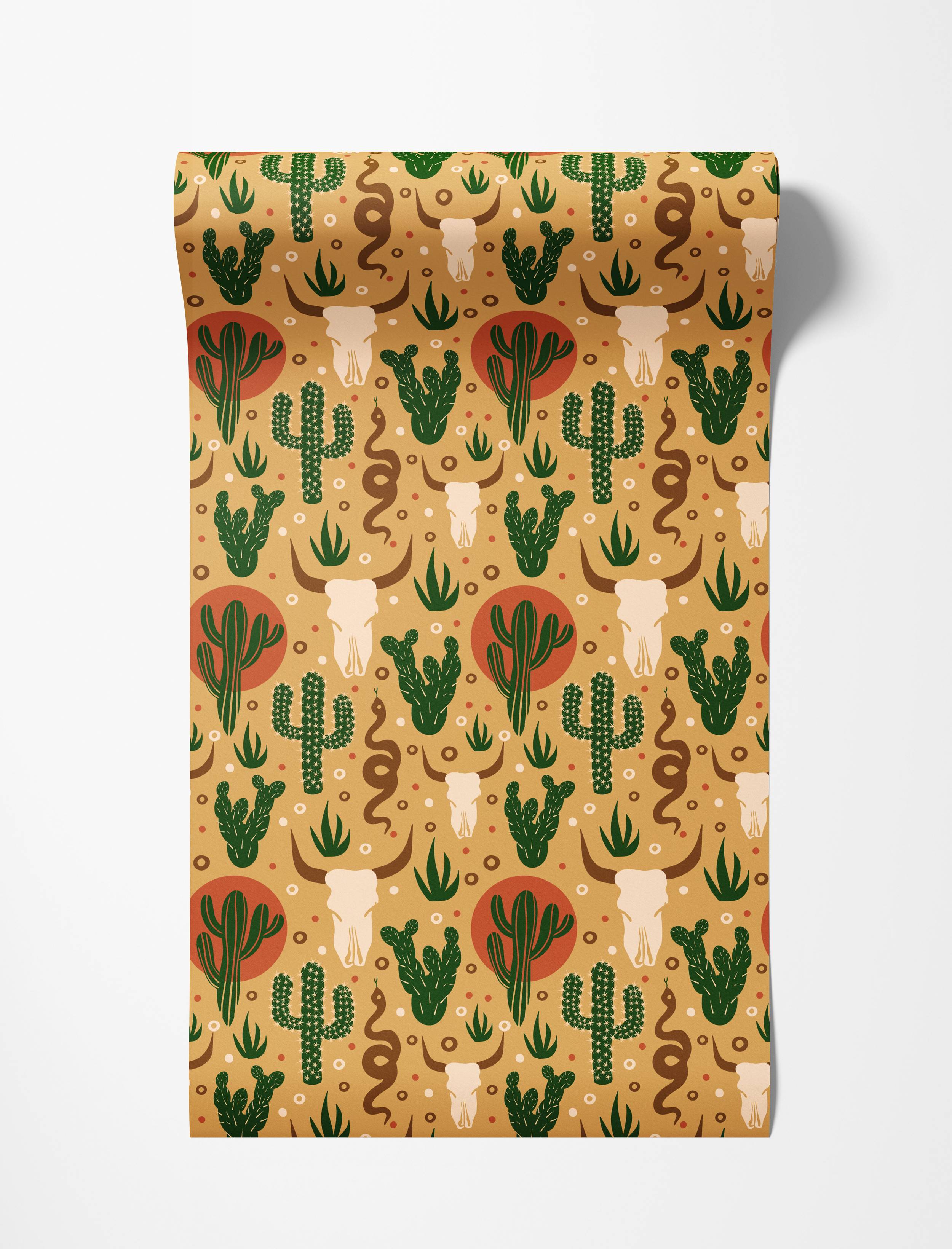 Graphic desert wallpaper with a pattern of green cacti, bull skulls, and brown snakes on a tan background with red accents.