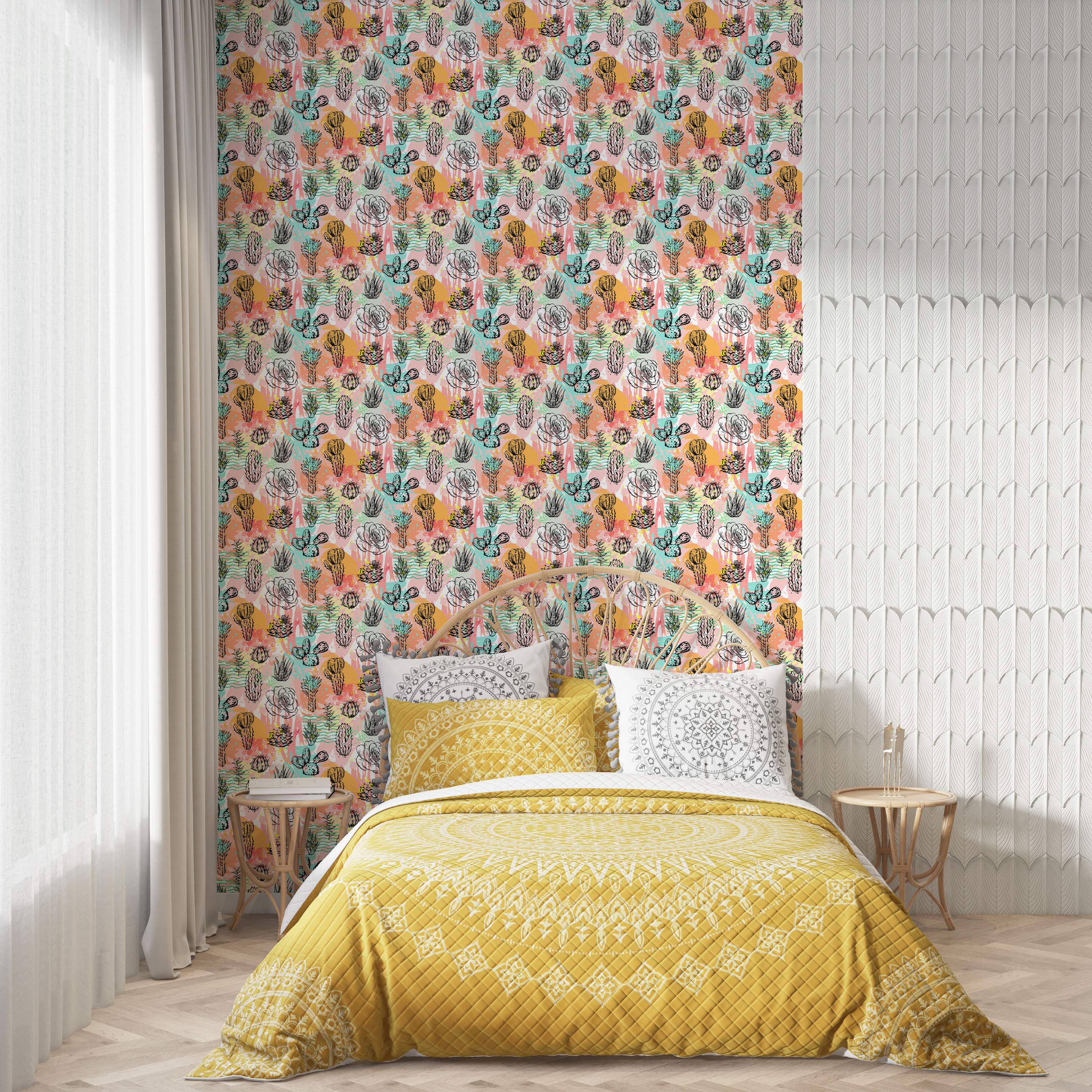 Wallpaper features sketchy black outlines of cacti and succulents over abstract splashes of pink, orange, and turquoise.