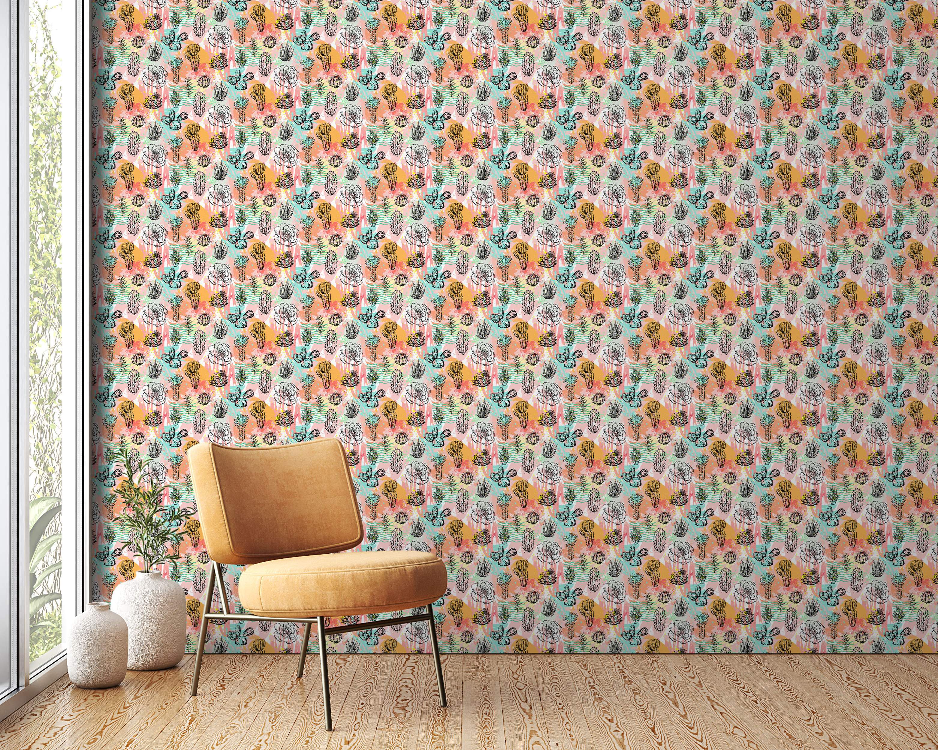 Wallpaper featuring a repeating pattern of sketched cacti, succulents, and roses over pink, orange, yellow, and teal brushstrokes.
