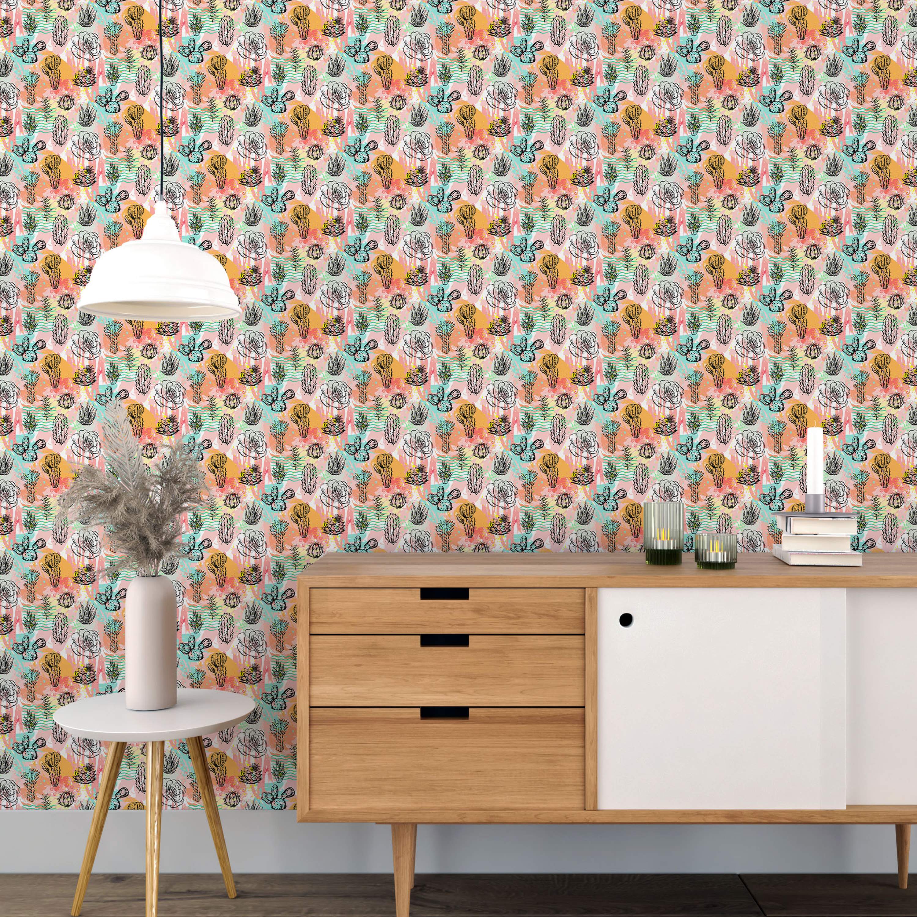 Wallpaper featuring black sketch-style cacti, succulents, and roses over pink, orange, yellow, and teal abstract watercolor splotches.