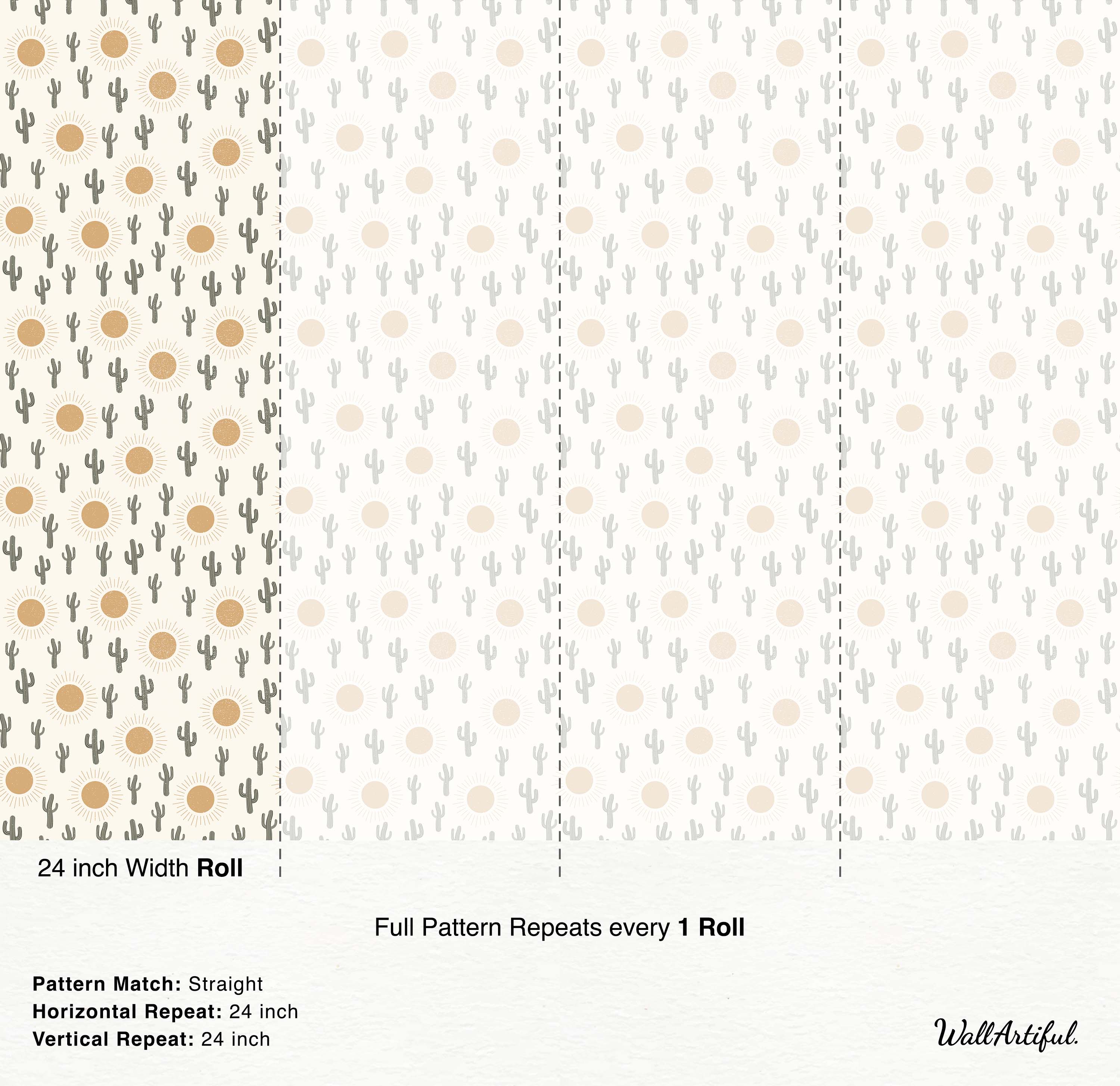 Bohemian wallpaper with a pattern of gray saguaro cacti and mustard yellow suns on an off-white background.