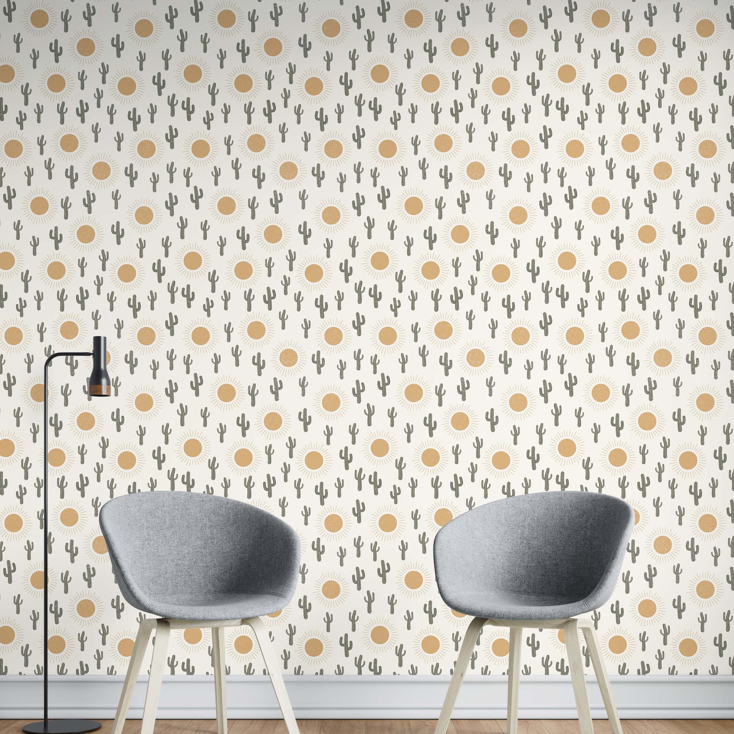 A repeating wallpaper pattern of stylized gray cacti and yellow suns on an off-white background.