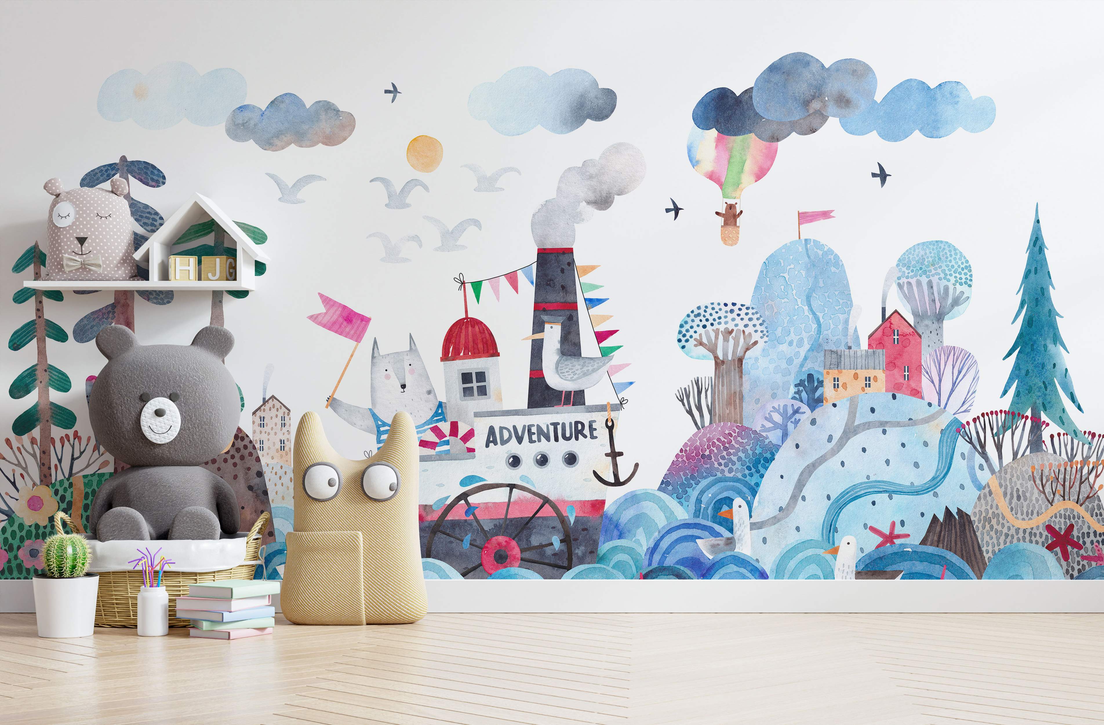 Whimsical watercolor adventure mural with animals on a boat, mountains, waves, and clouds in blues, greys, and pinks.