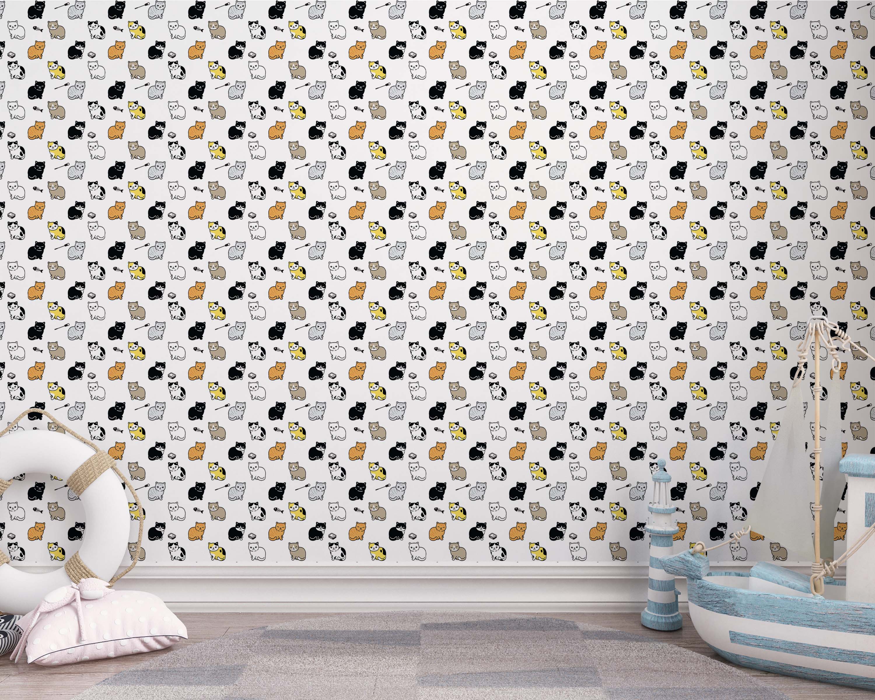 A playful wallpaper with a repeating pattern of cartoon cats in black, orange, gray, and white on a light background.