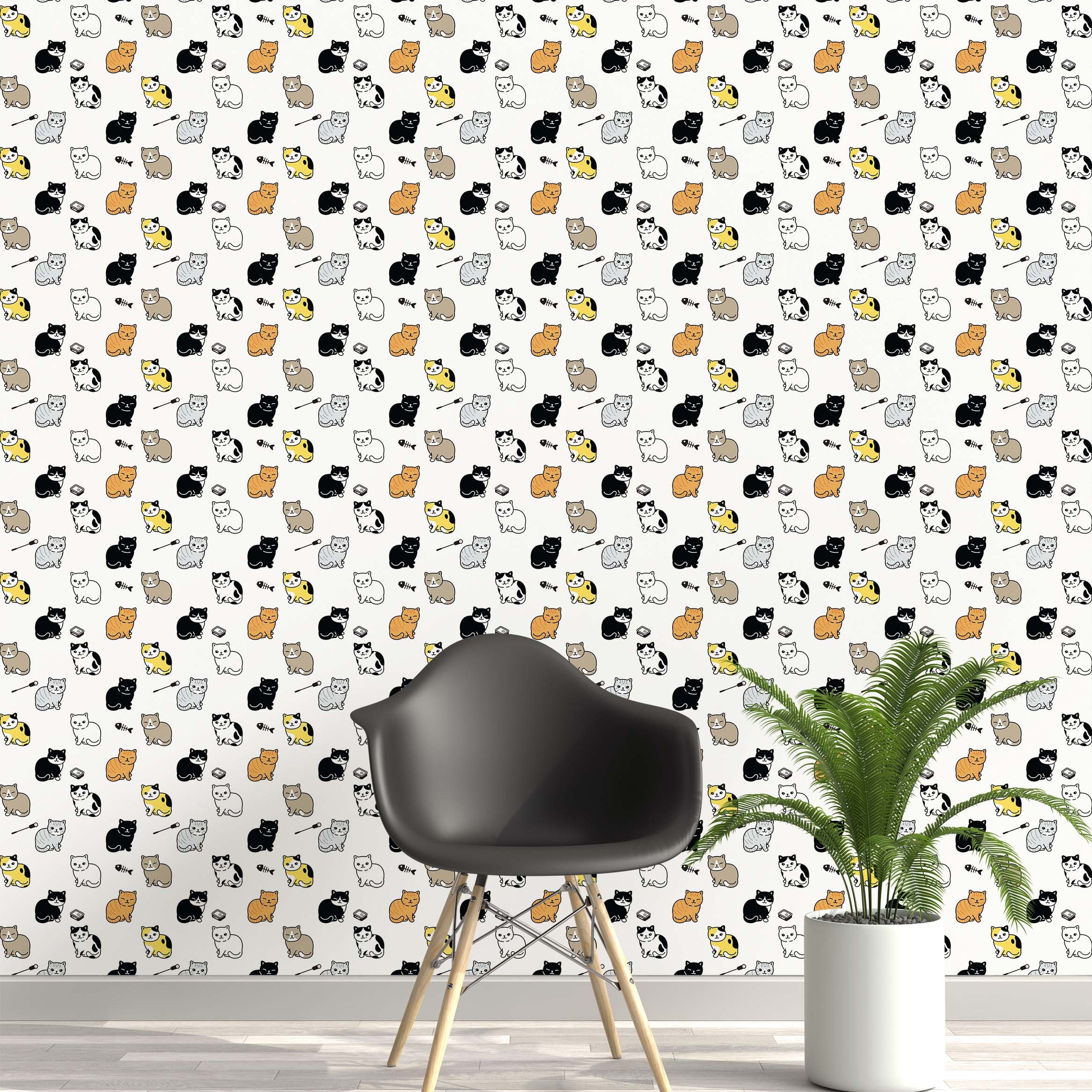 A whimsical wallpaper featuring a repeating pattern of cartoon cats in black, white, gray, orange, and yellow.