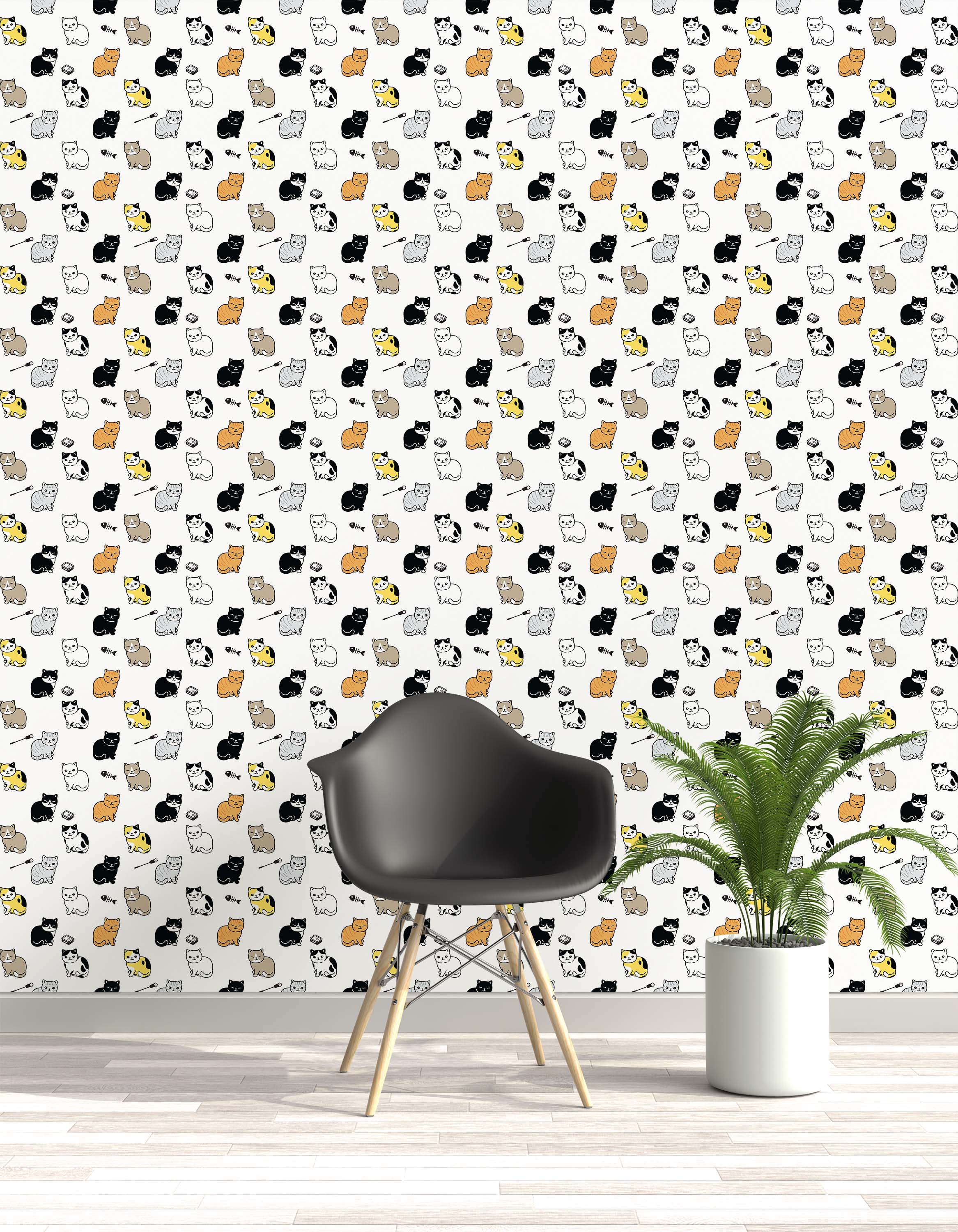 A whimsical wallpaper featuring a repeating pattern of cartoon cats in black, white, gray, orange, and yellow.