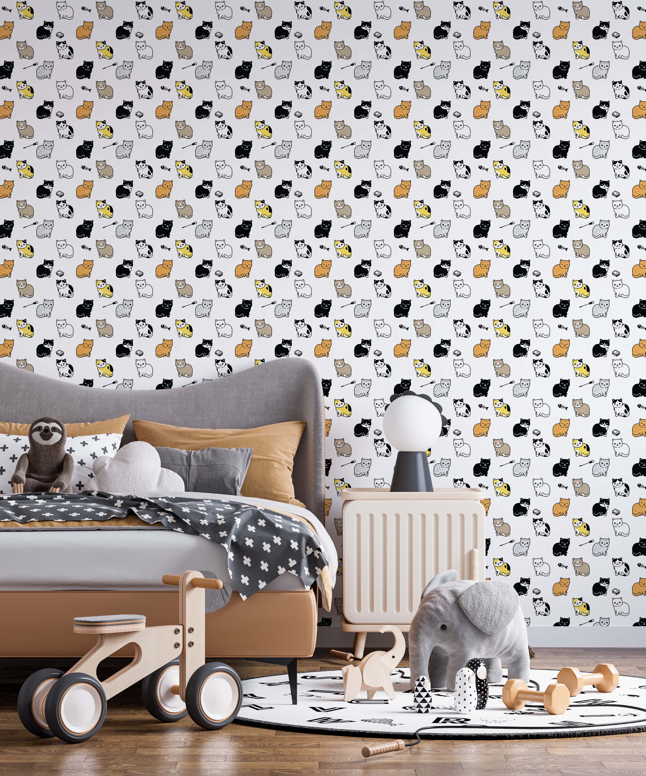 Wallpaper with a cute pattern of cartoon cats in black, white, gray, yellow, and orange on a light gray background.