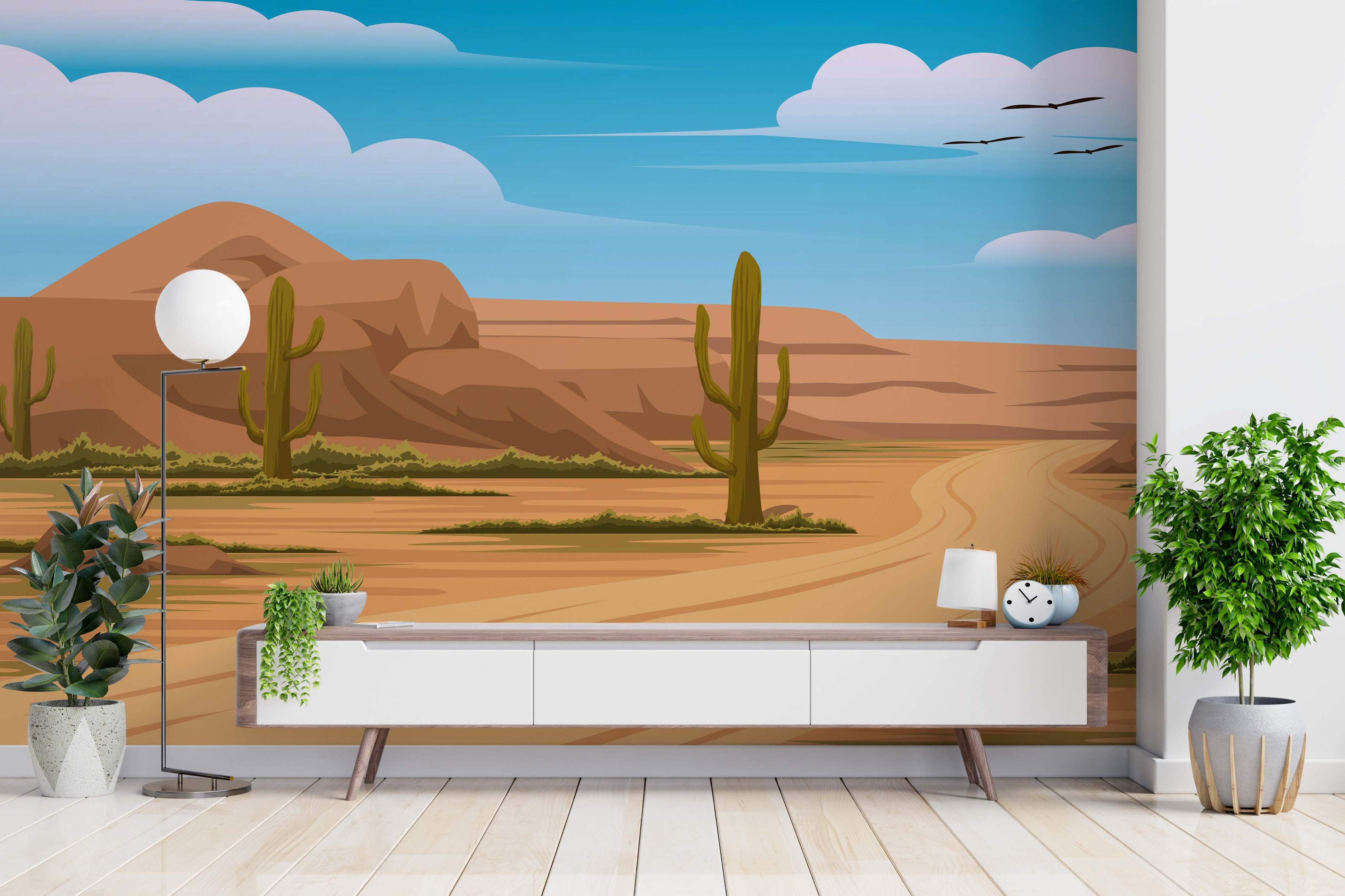 Cartoon mural depicting a desert landscape with brown mountains, green saguaro cacti, a dirt road, and a blue sky with clouds.