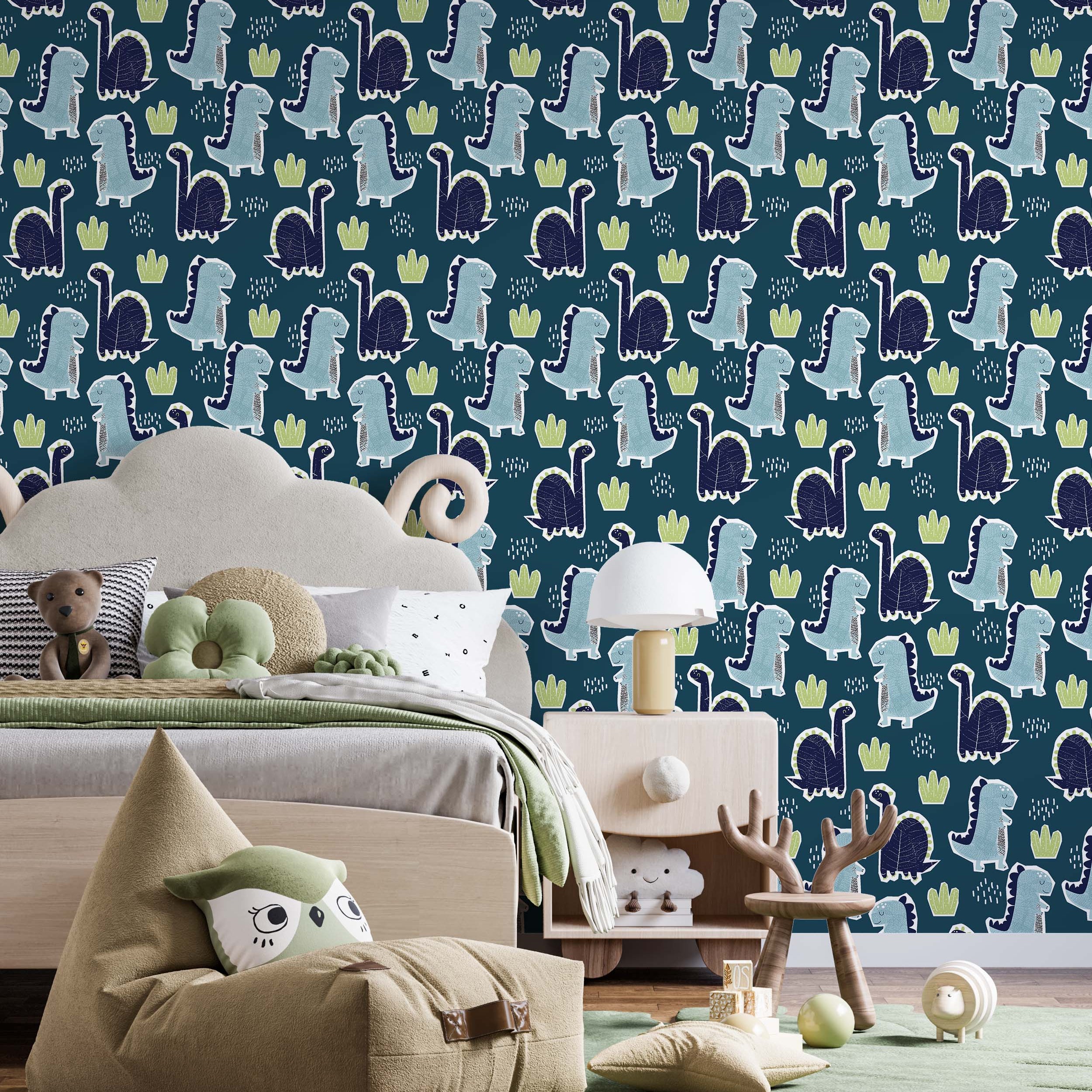 Cartoon dinosaur wallpaper with light blue and dark blue dinosaurs, green plant motifs, and white speckles on a deep teal background.