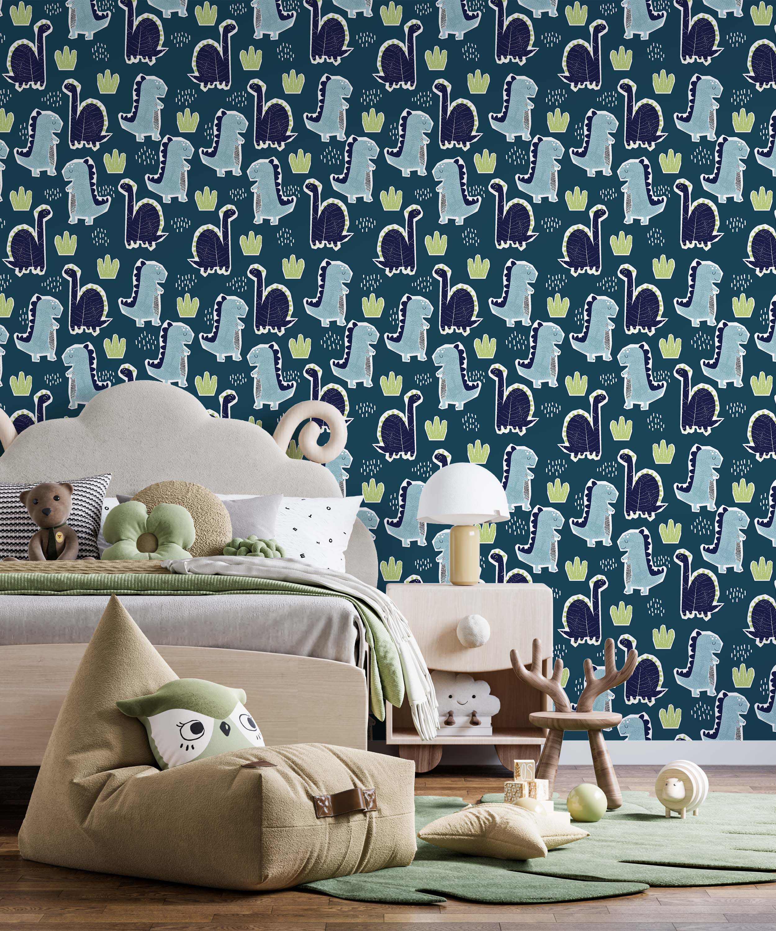Cartoon dinosaur wallpaper with light blue and dark blue dinosaurs, green plant motifs, and white speckles on a deep teal background.