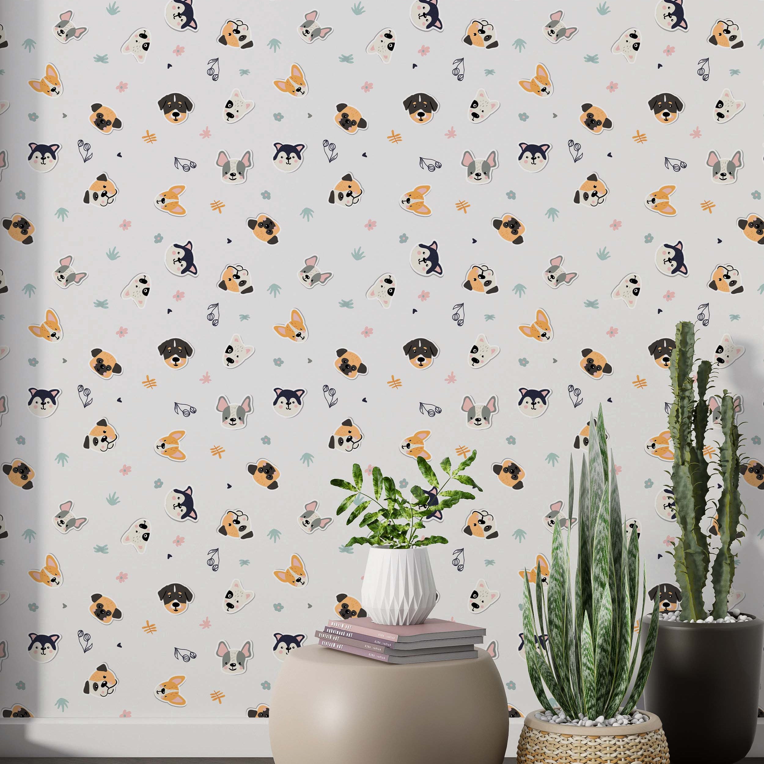 Wallpaper with a repeating pattern of cute, cartoon dog faces in orange, black, and gray on a light gray background.