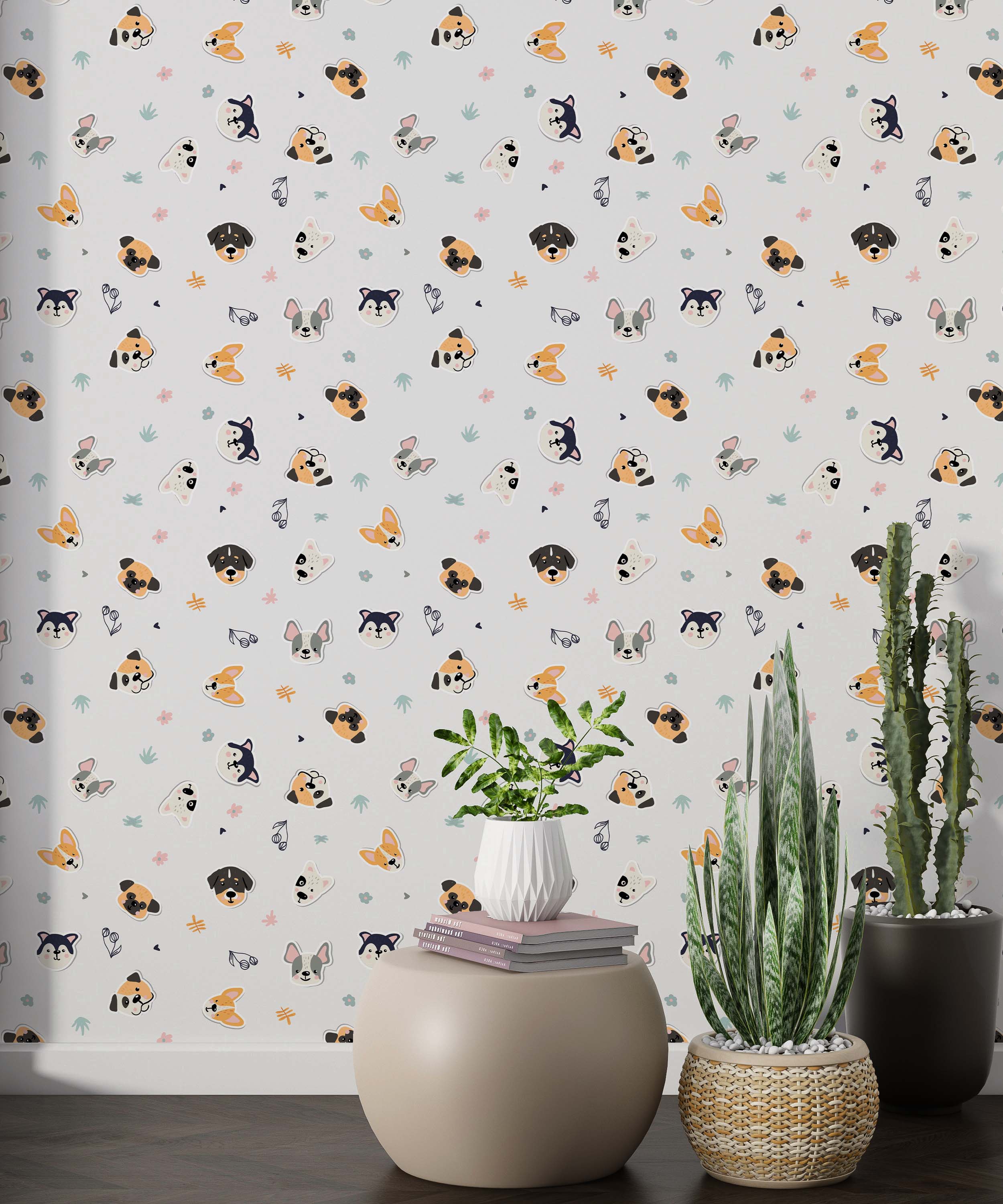 Wallpaper with a repeating pattern of cute, cartoon dog faces in orange, black, and gray on a light gray background.