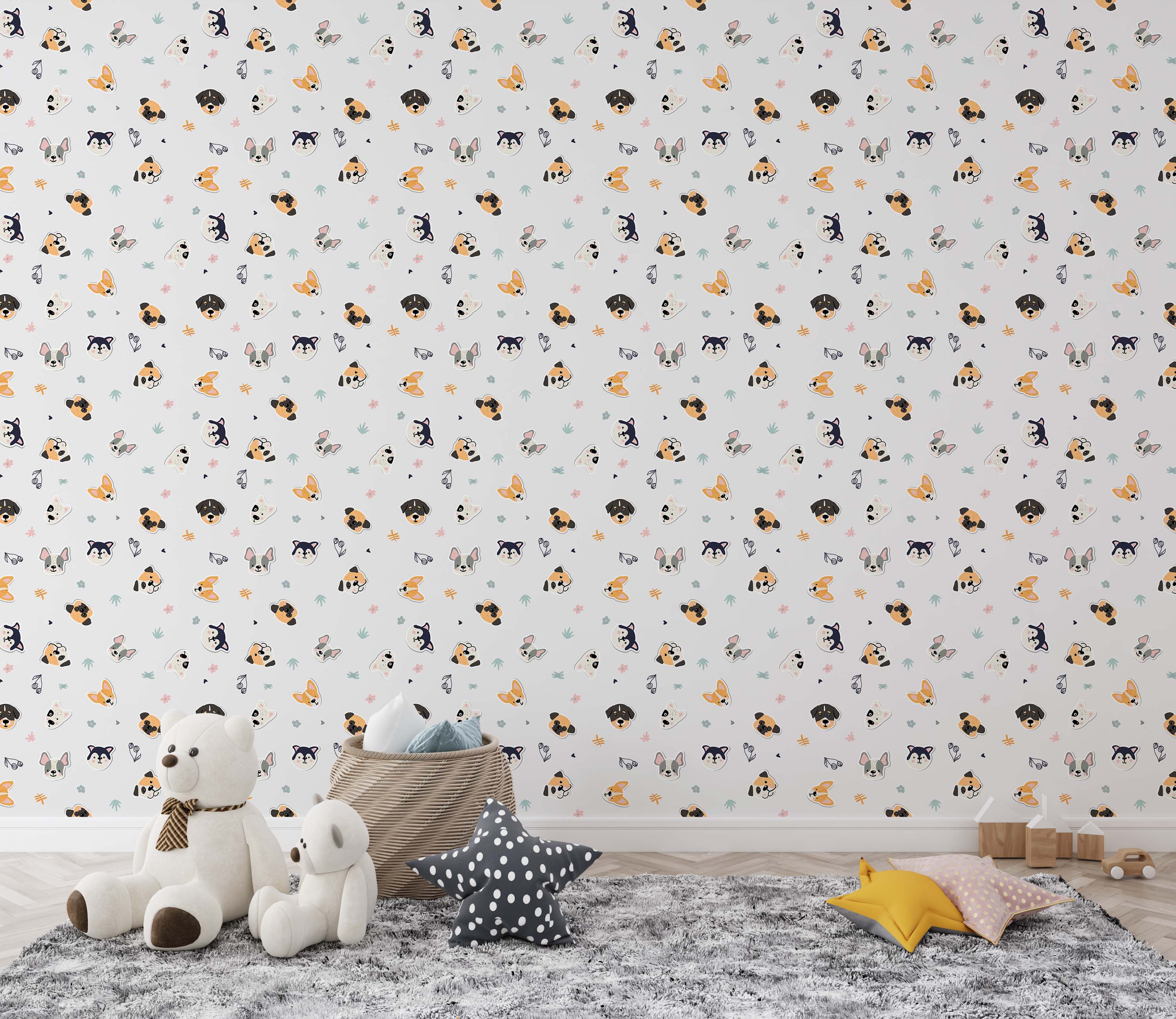 Wallpaper with a cute, scattered pattern of various cartoon dog faces in black, orange, and gray on a light background.