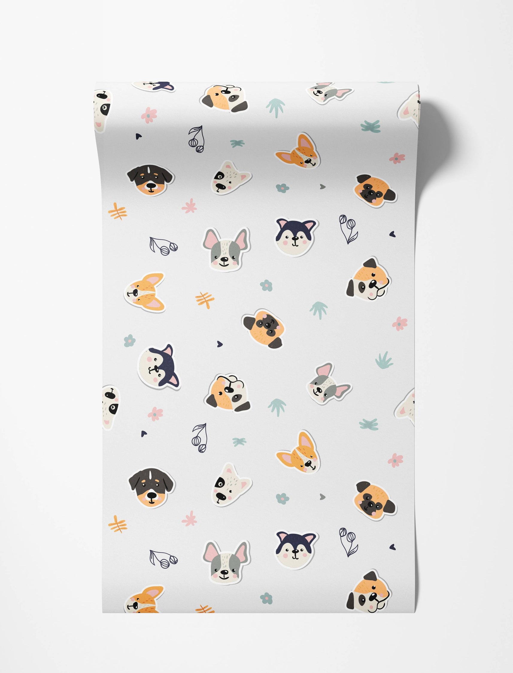 A playful wallpaper with cartoon dog faces in gray, orange, and black scattered with small flowers on a light gray background.
