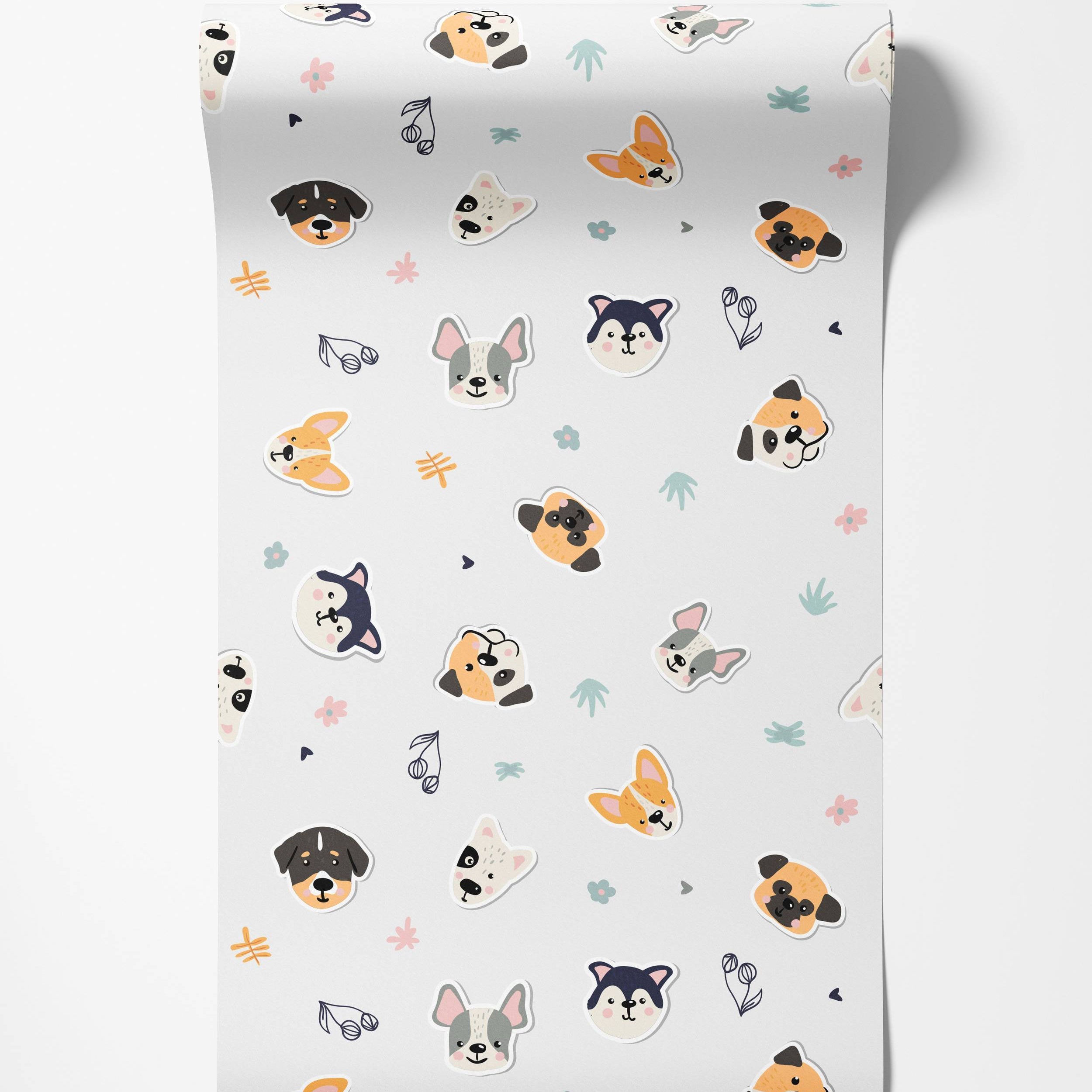 A playful wallpaper with cartoon dog faces in gray, orange, and black scattered with small flowers on a light gray background.
