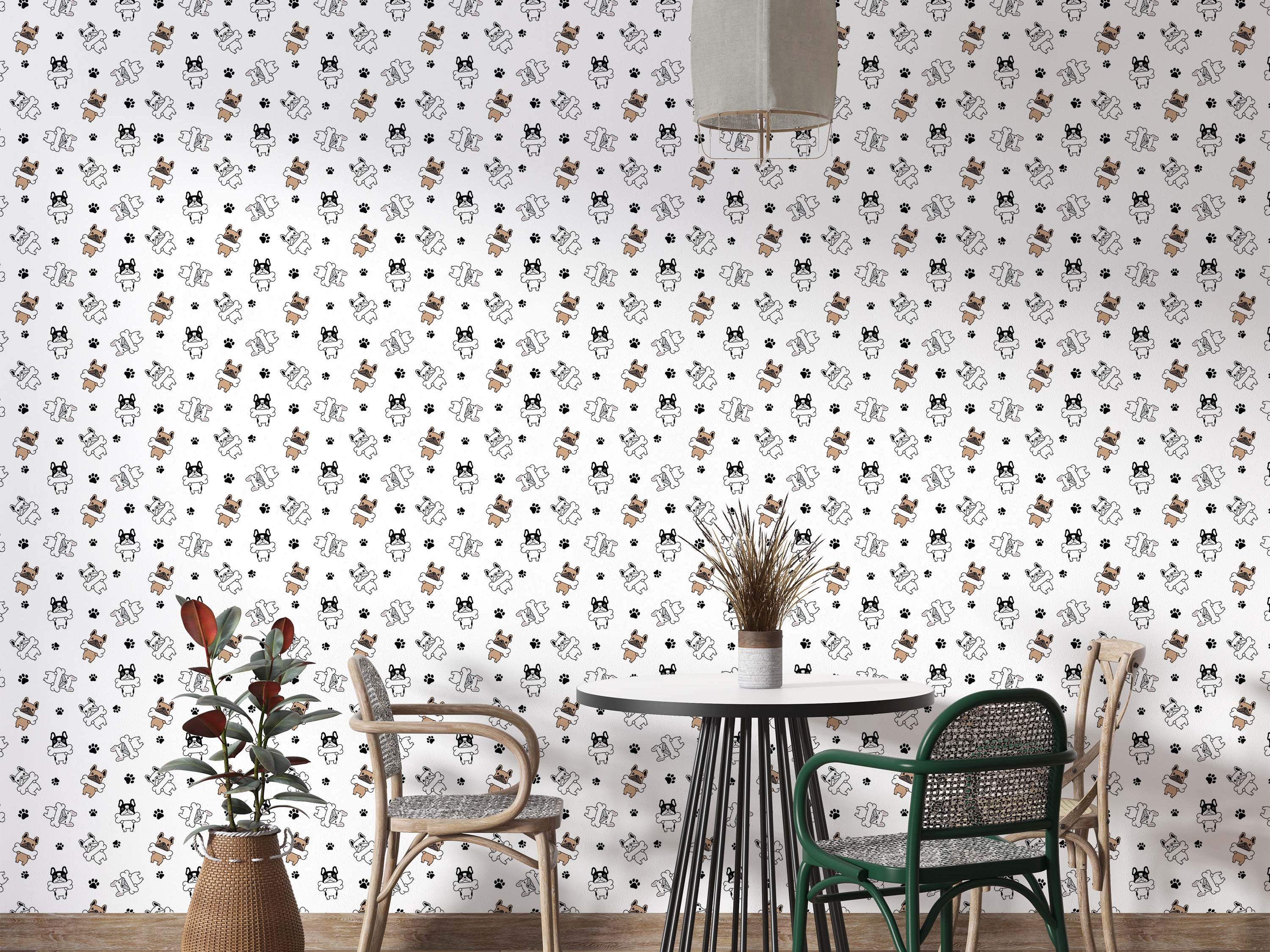 Wallpaper with a repeating pattern of cartoon French bulldogs in brown and black, holding bones, with scattered paw prints.