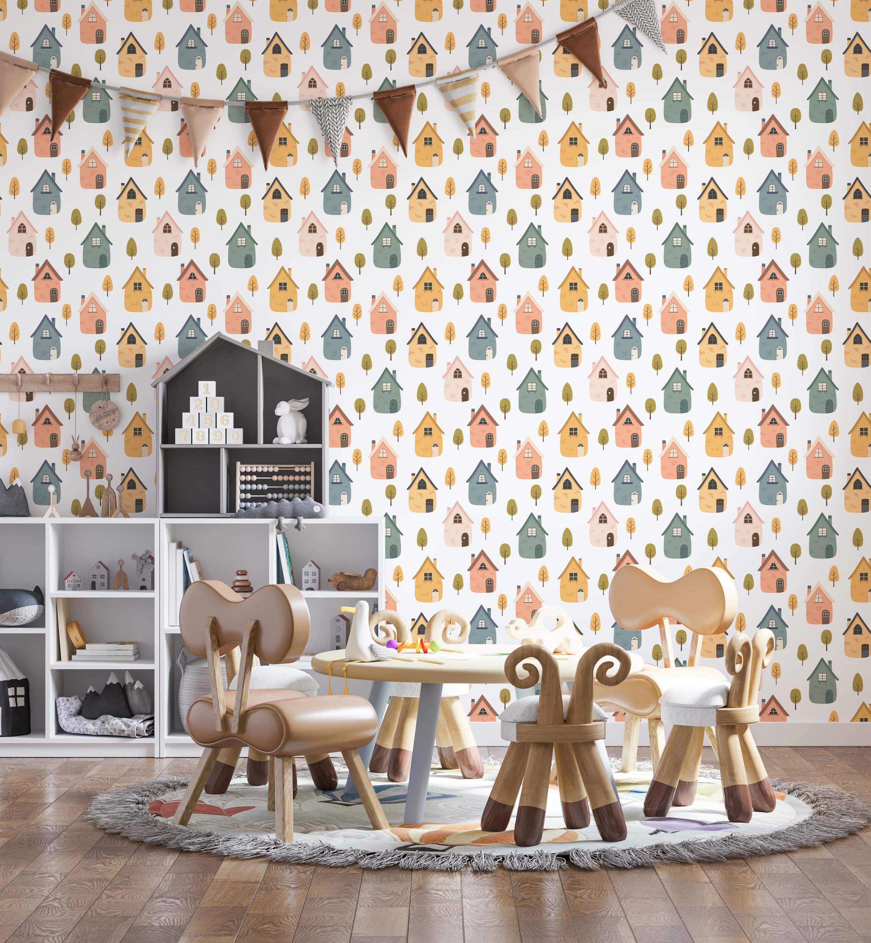 Wallpaper featuring a repeating pattern of colorful cartoon houses in blue, pink, yellow, and green, with small trees on a white background.