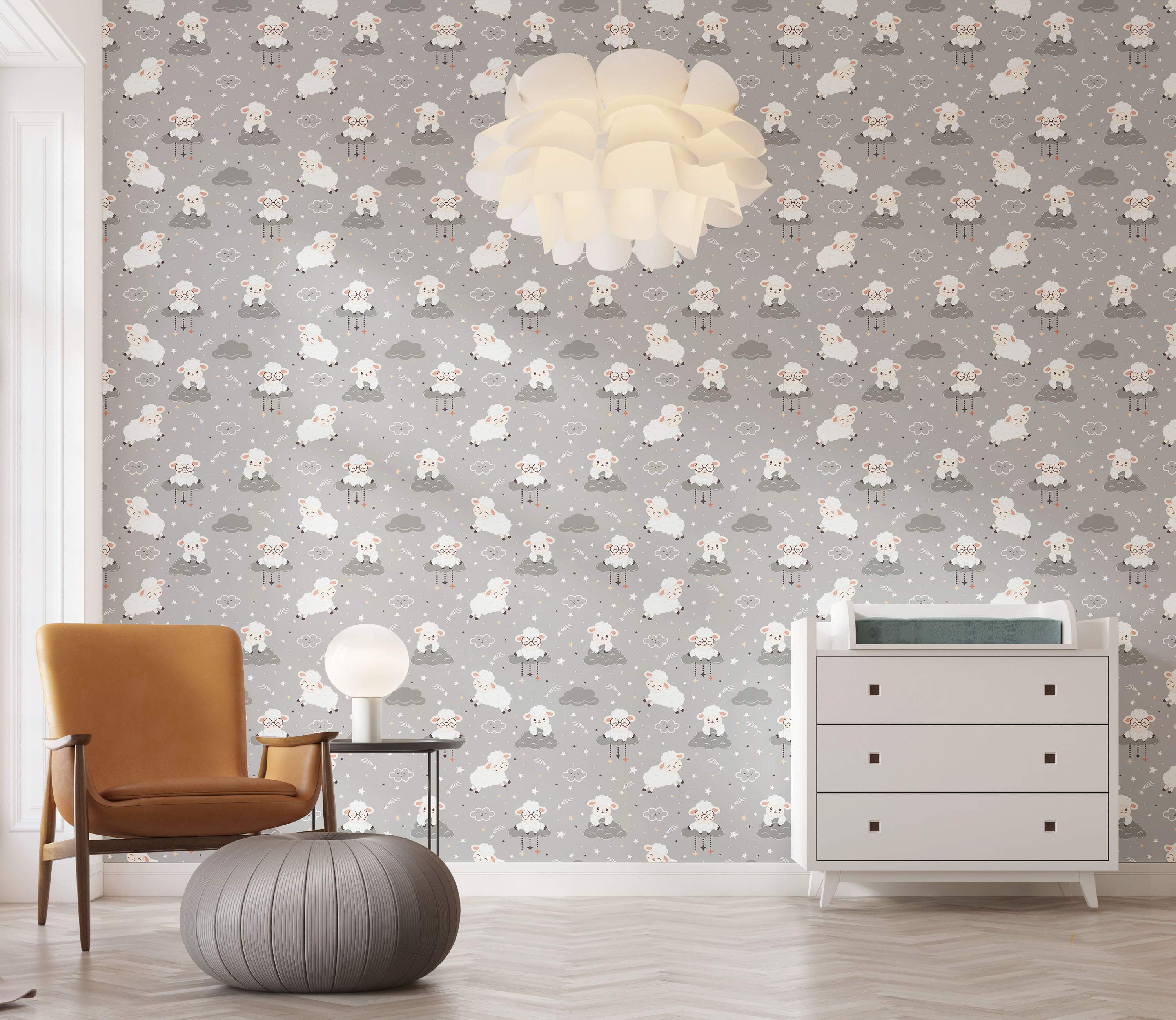 Gray wallpaper with a repeating pattern of cartoon sheep on clouds, jumping sheep, stars, and shooting stars in white and gray.