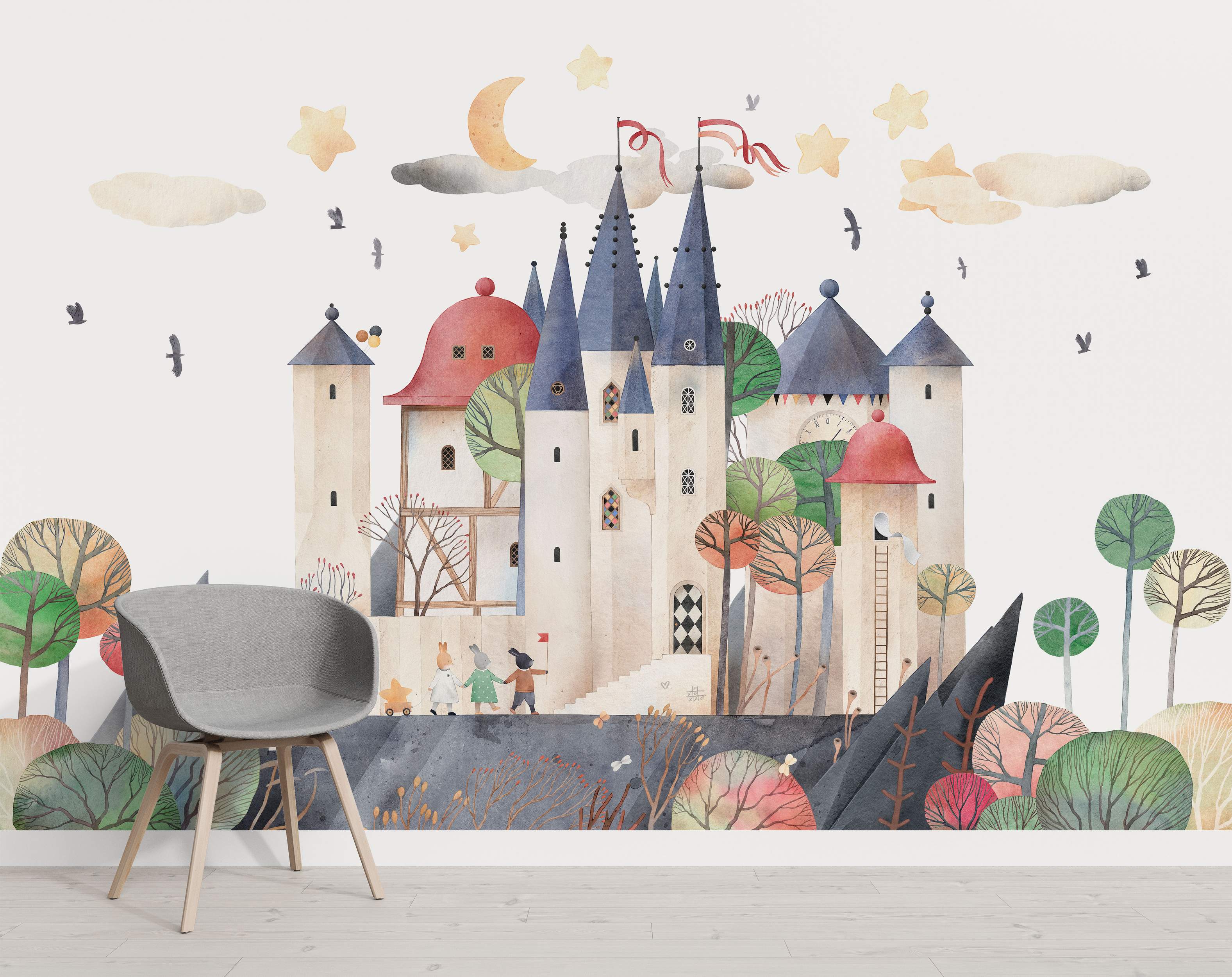 Whimsical watercolor castle with colorful trees and sky.