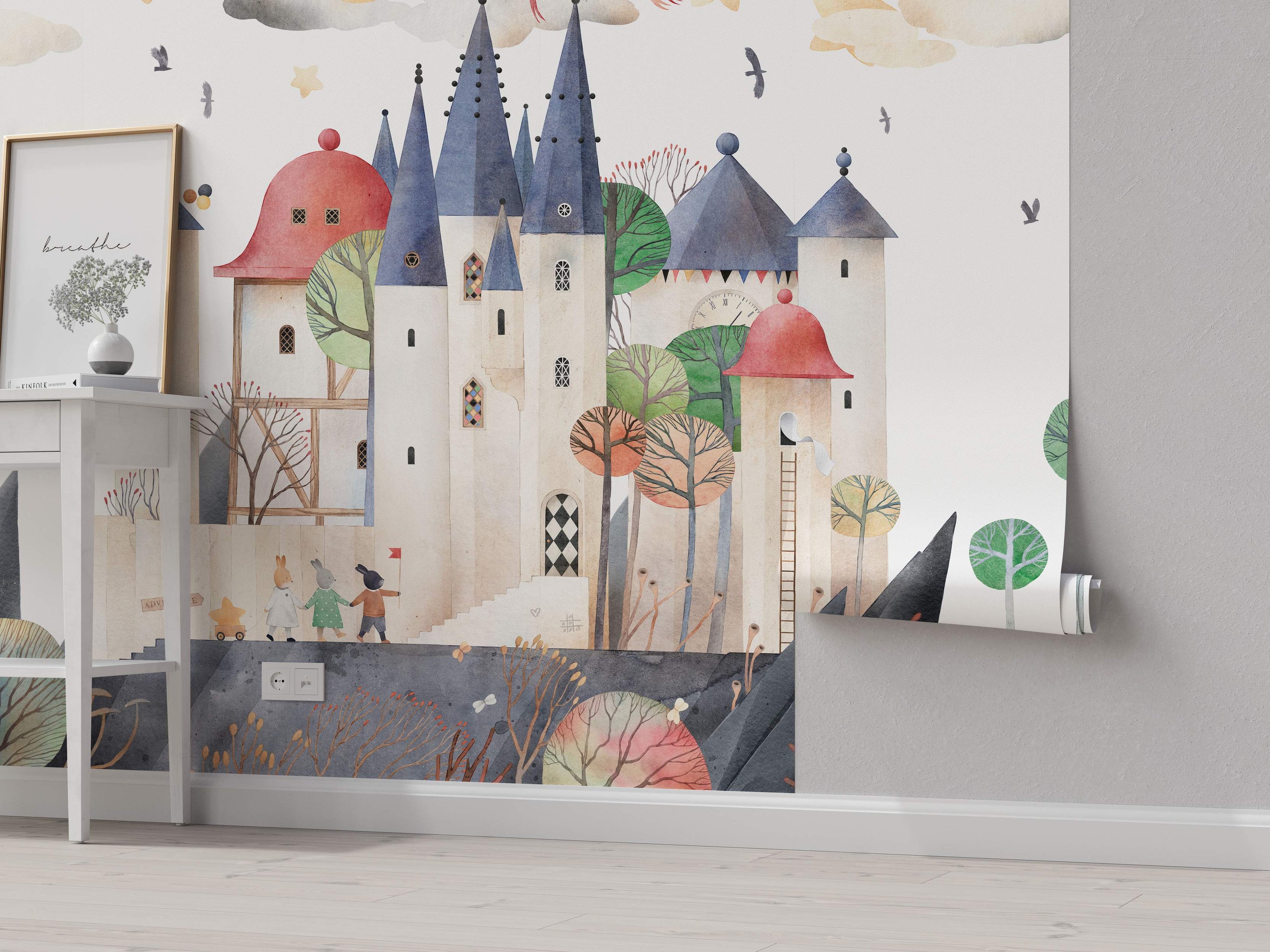 Whimsical castle mural with colorful trees and playful figures